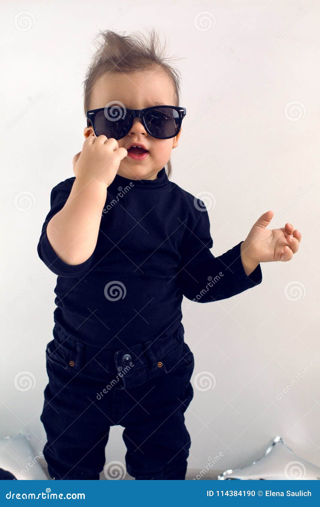 Stylish Baby Boy in Black Rocker Clothes and Sunglasses Stock ...