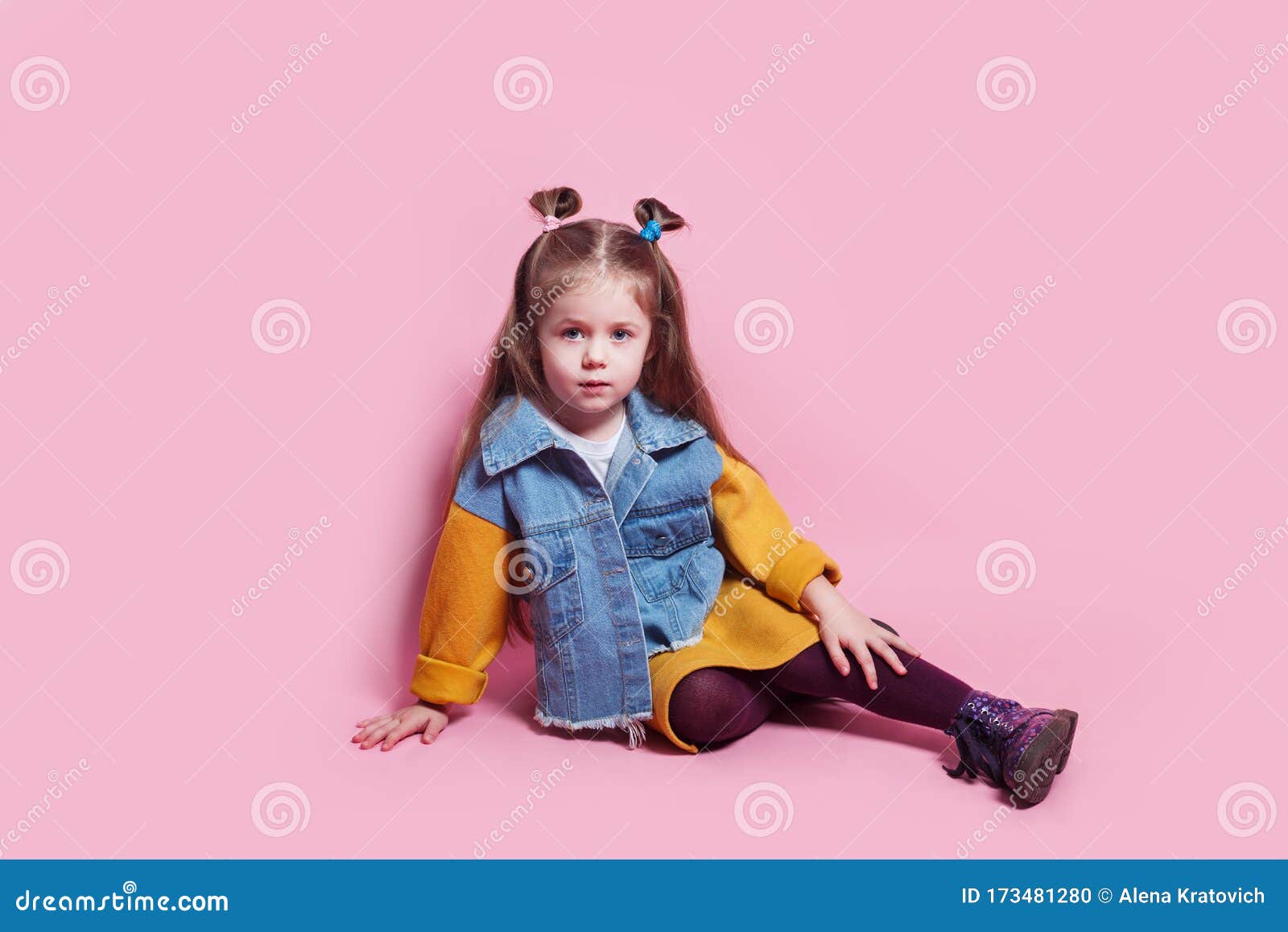 Stylish Baby Girl 4-5 Year Old Wearing Denim Clothes Posing on ...