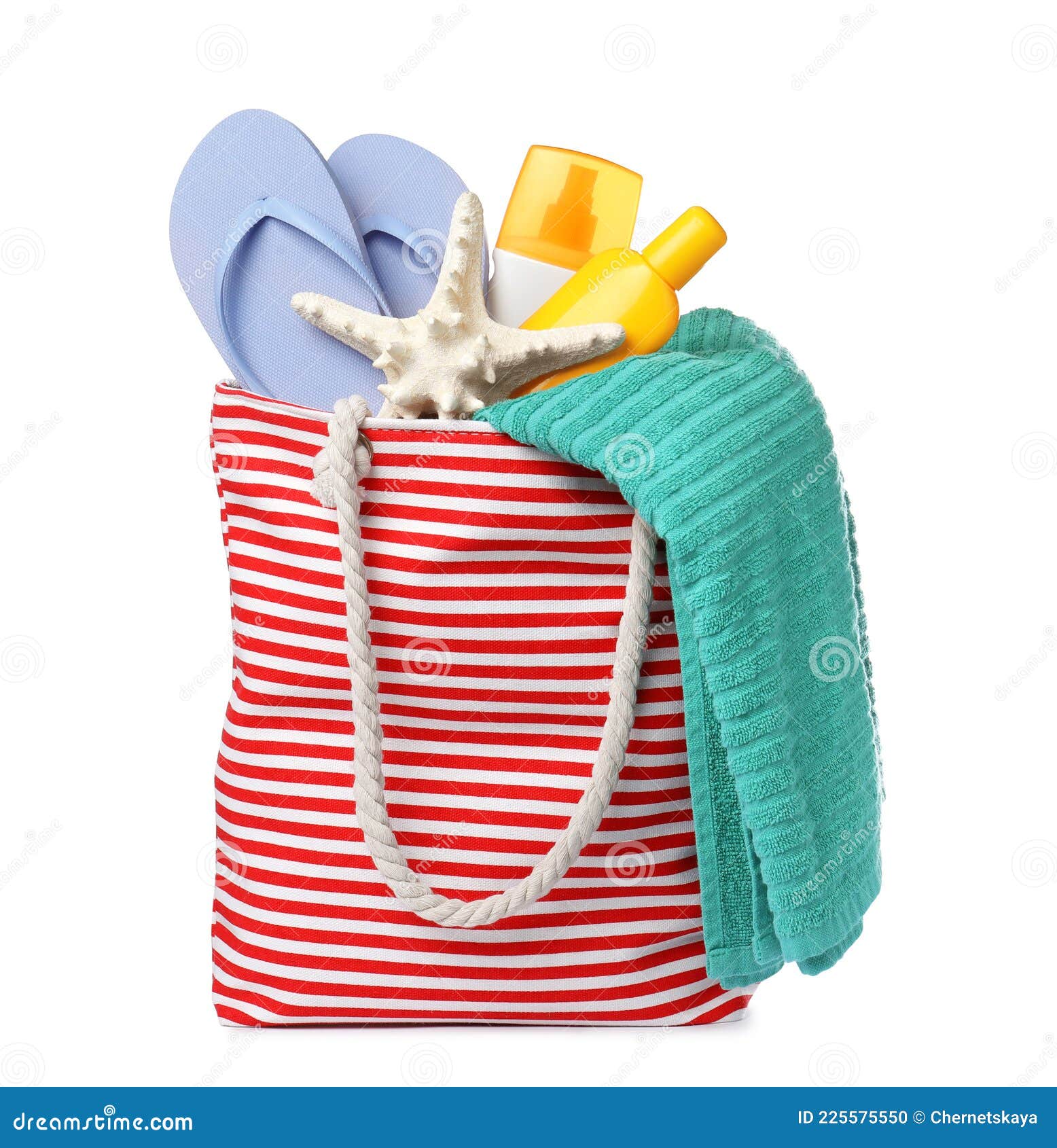 Stylish Bag with Beach Accessories Isolated on White Stock Photo