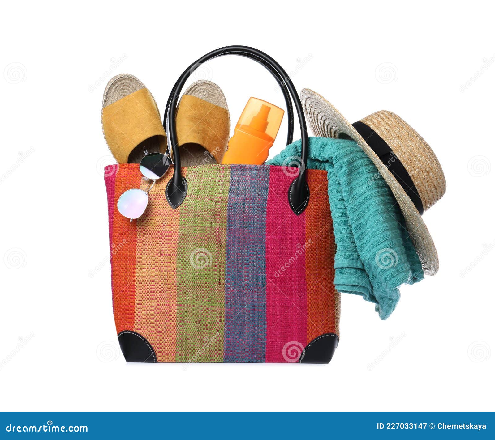 Stylish Bag with Beach Accessories Isolated on White Stock Image ...