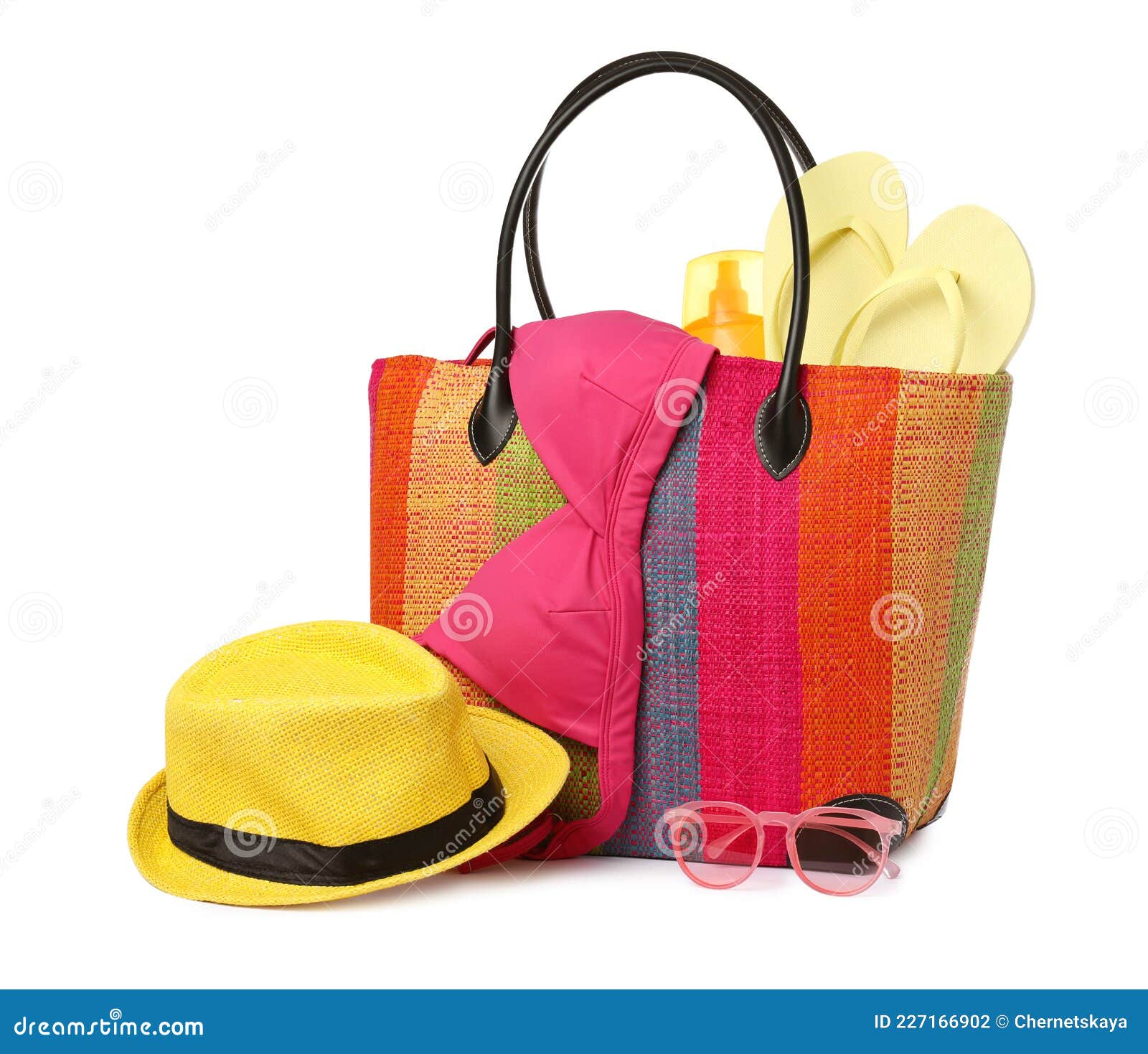 Stylish Bag with Beach Accessories Isolated on White Stock Photo