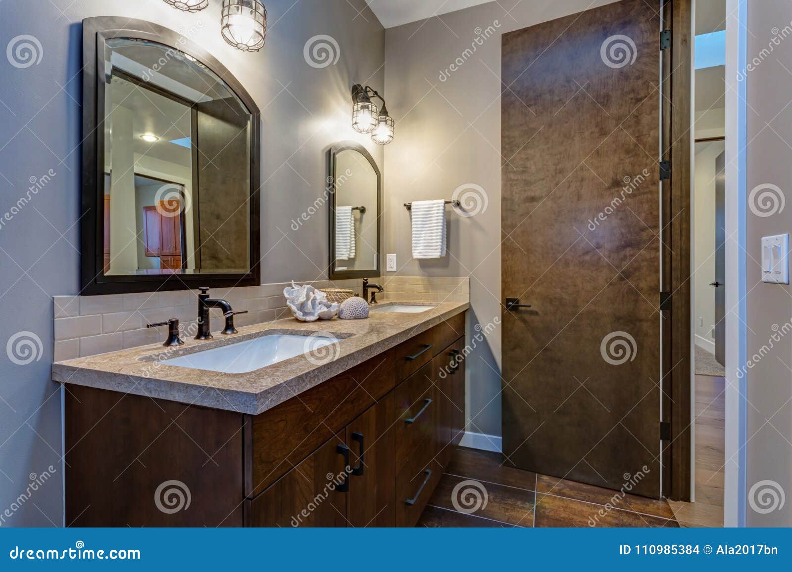 Stylish Bathroom Interior With Double Vanity Cabinet Stock Photo