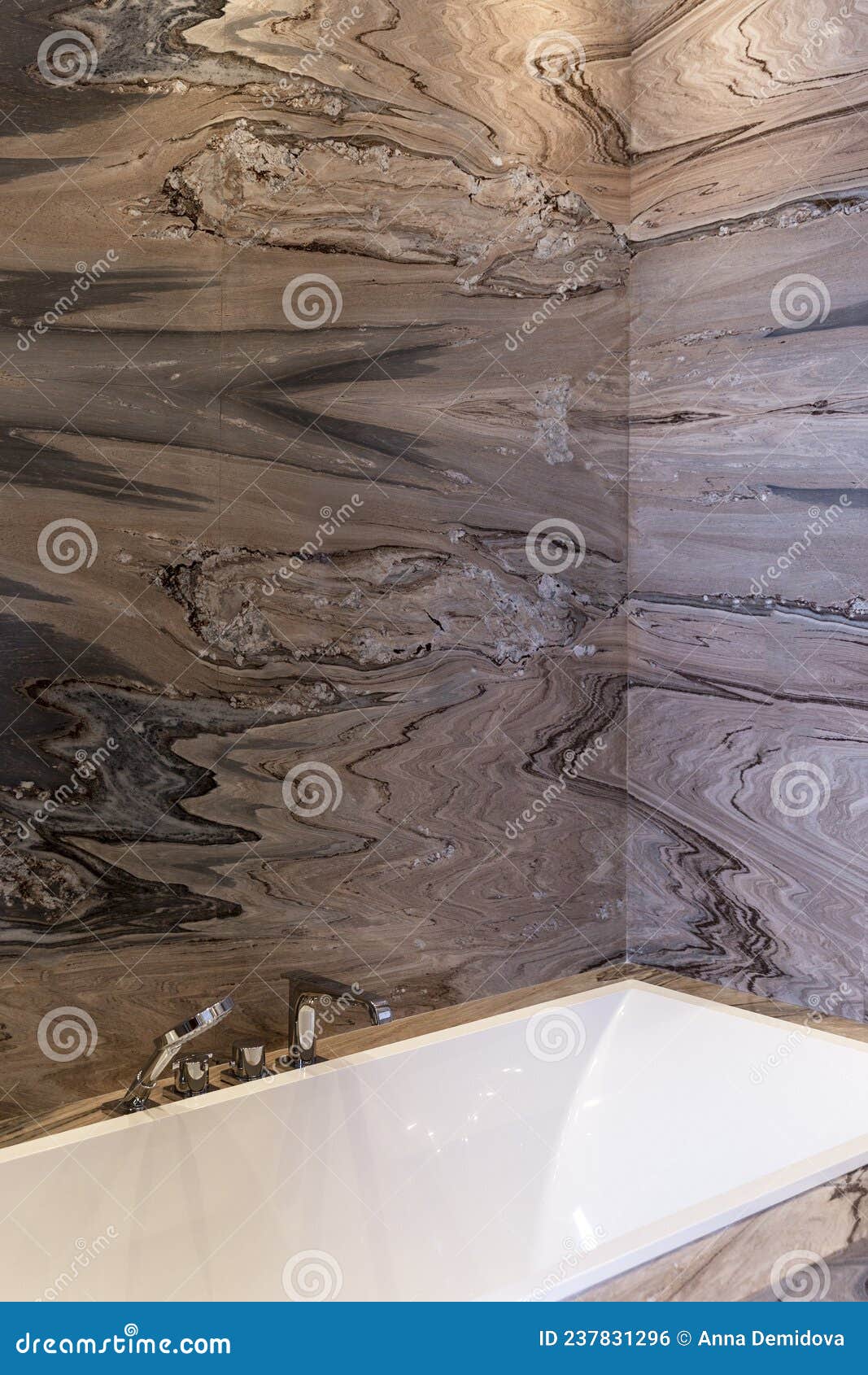 Stylish Bathroom Interior with Marble Walls. Expensive Design and