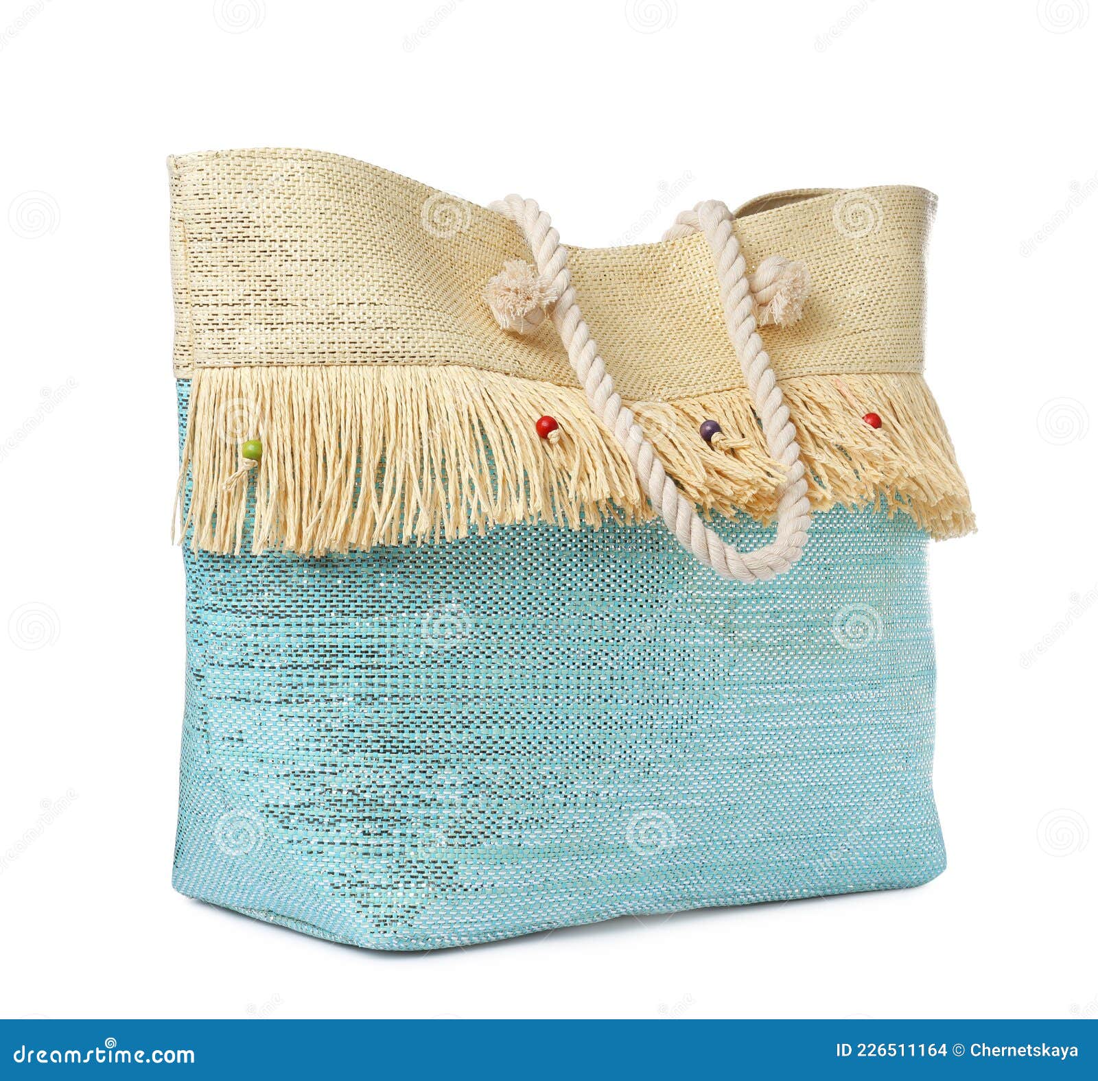 Stylish Beach Bag Isolated on White. Summer Accessory Stock Photo