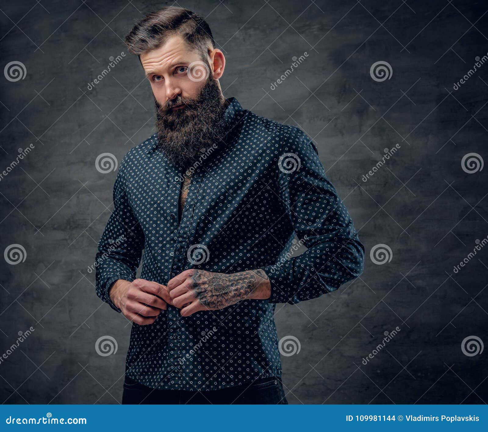 Bearded Tattooed Male Dressed in Dark Blue Jacket. Stock Photo - Image ...