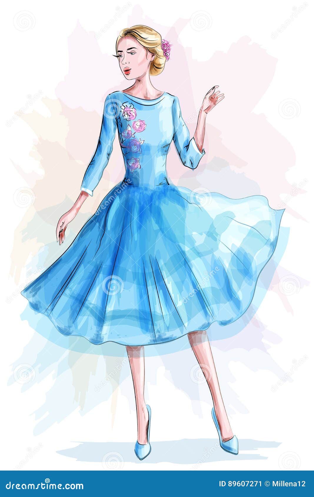 Stylish Beautiful Girl In Blue Dress Fashion Woman Sketch