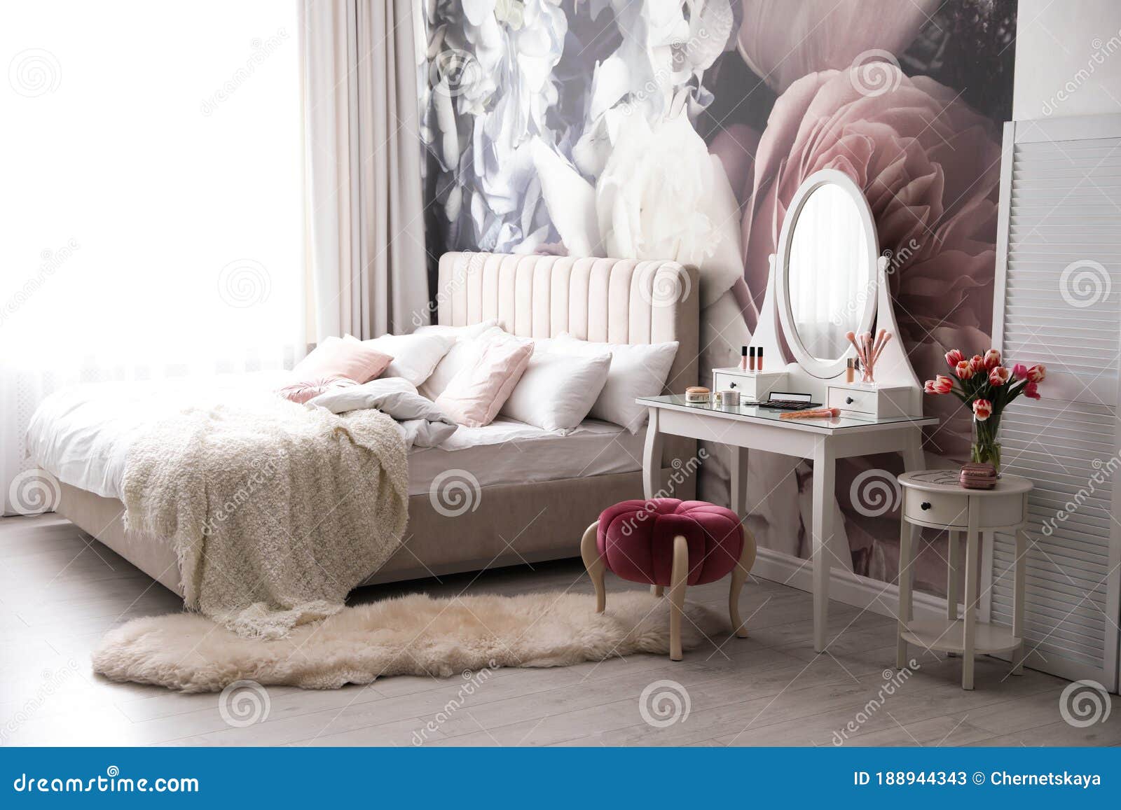 Bedroom Interior with Elegant Dressing Table and Floral Wallpaper Stock
