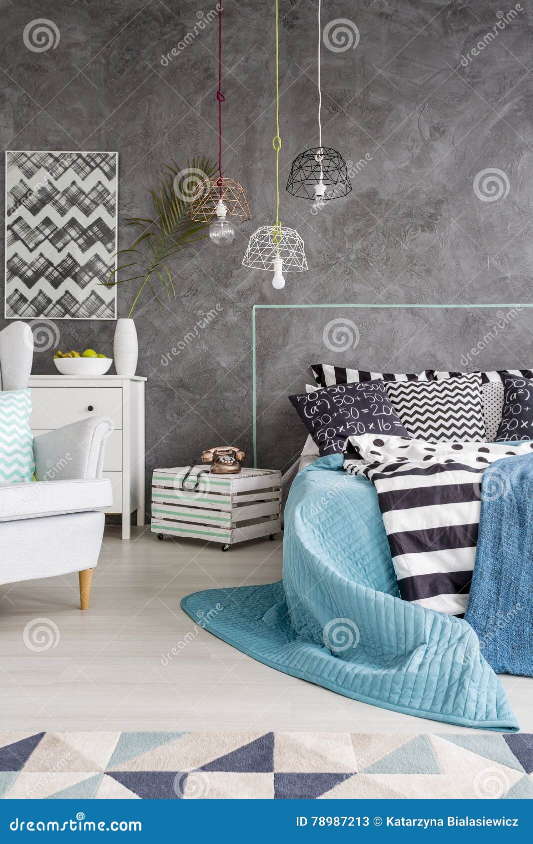 Stylish Bedroom with Unique Lighting on the Ceiling Stock Image Image