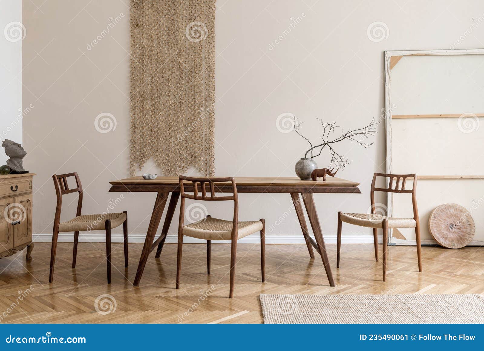 Stylish and Beige Interior of Dining Room with Design Wooden Table and  Chairs, Vase with Flowers, Elegant and Rattan Accessories. Stock Image -  Image of dining, desk: 235490061