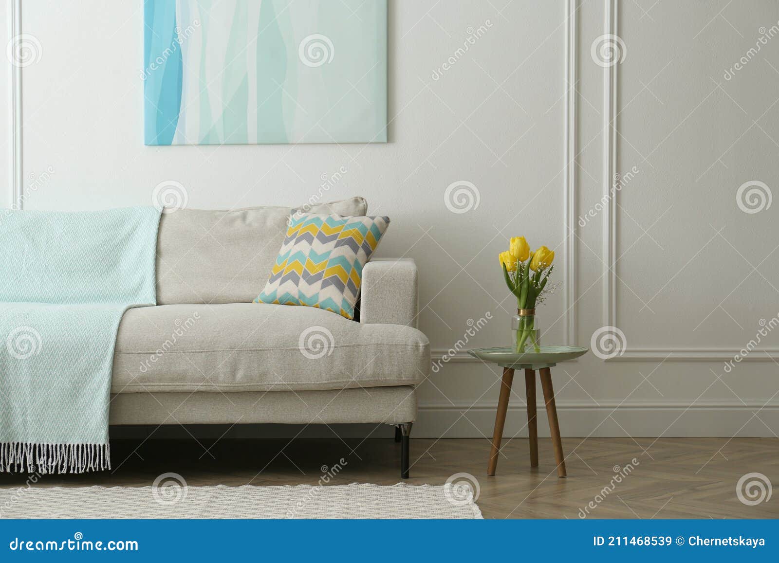 Stylish Beige Sofa in Living Room Interior Stock Image - Image of