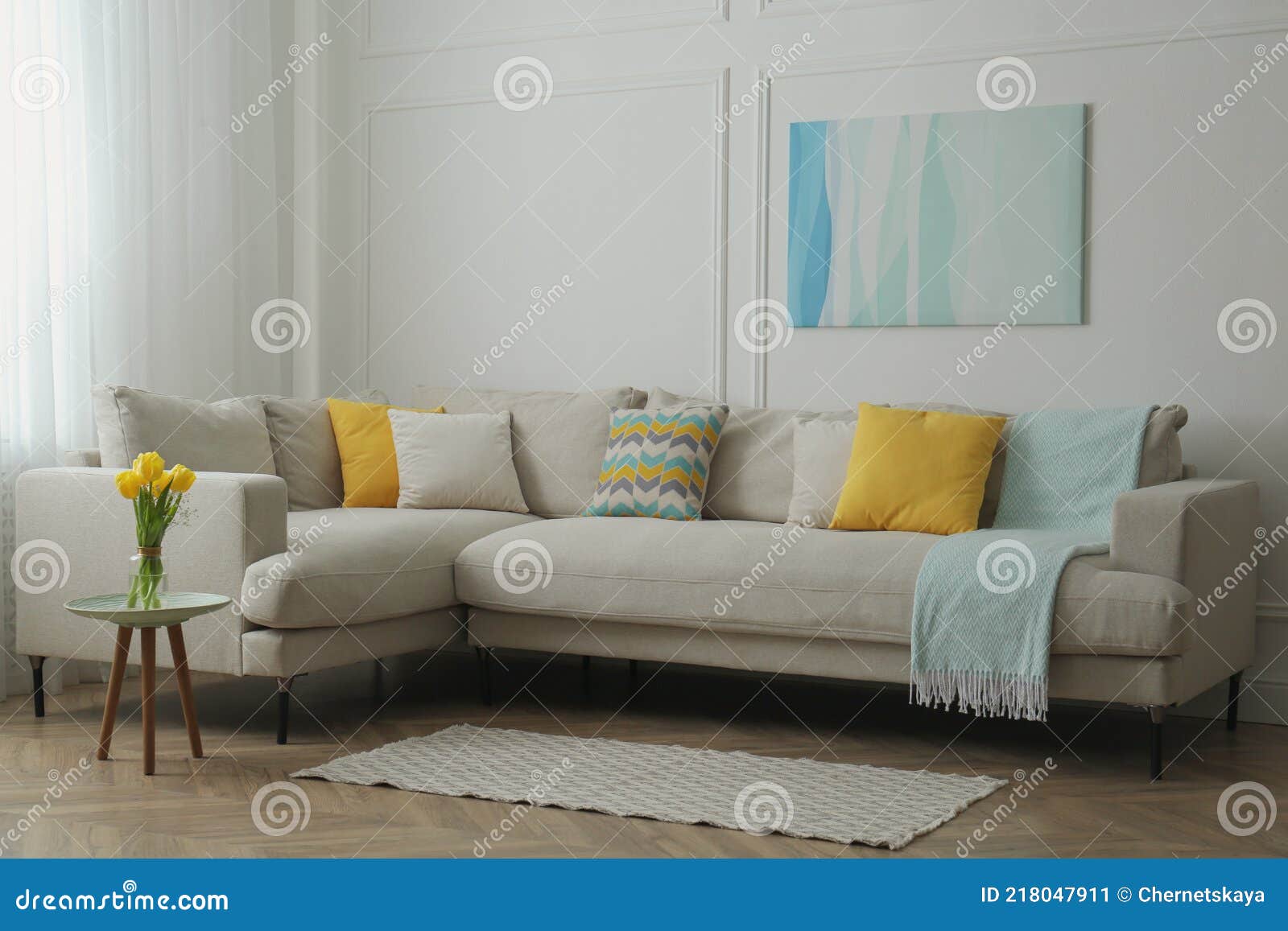 Stylish Beige Sofa in Living Room Interior Stock Image - Image of cozy