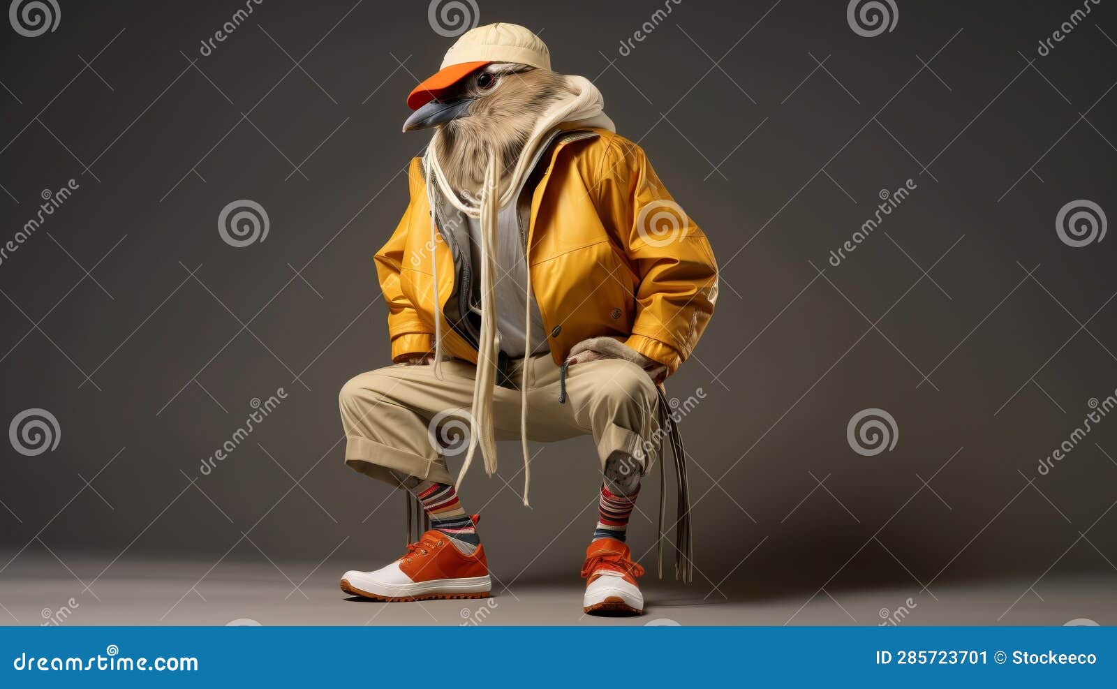 stylish bird in orange jacket: a unique blend of hikecore and hip-hop fashion