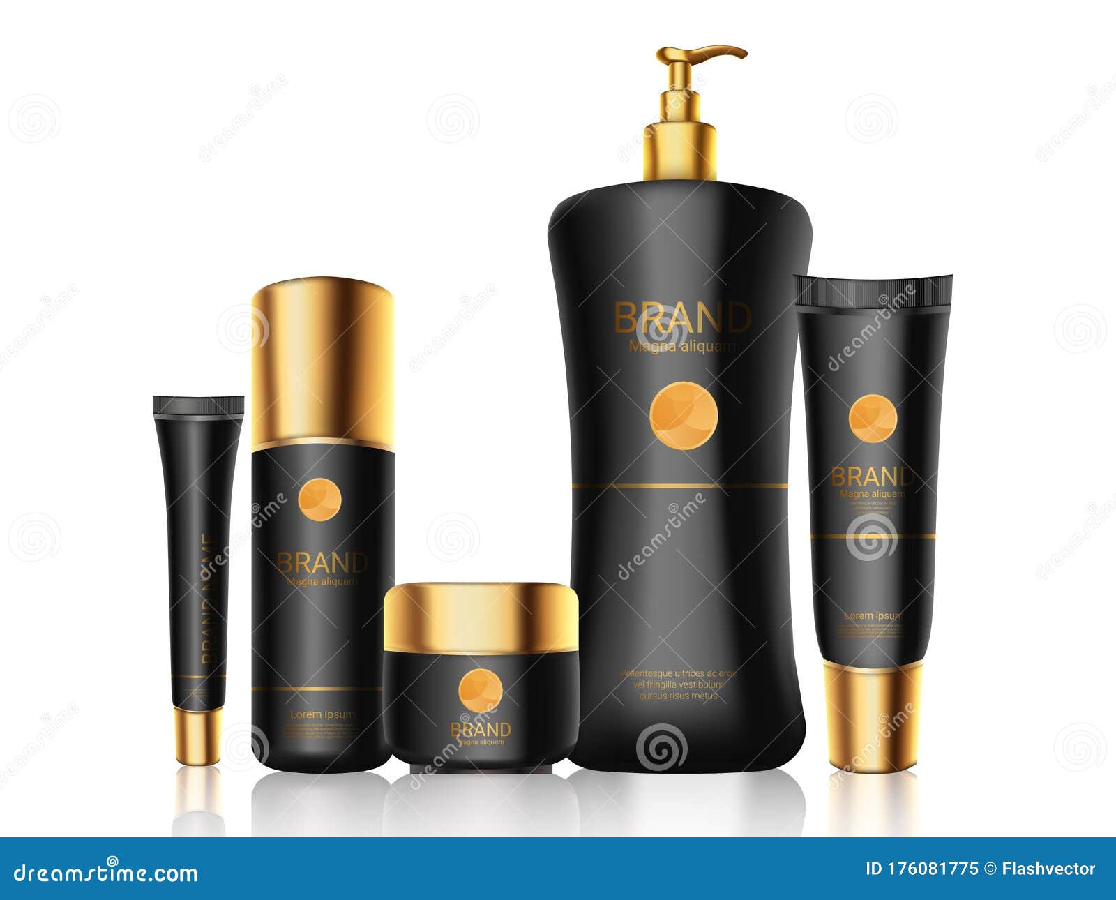 Download Stylish Black Bottles With Gold Caps Realistic Vector Composition. Mockup For Cosmetic, Perfume ...