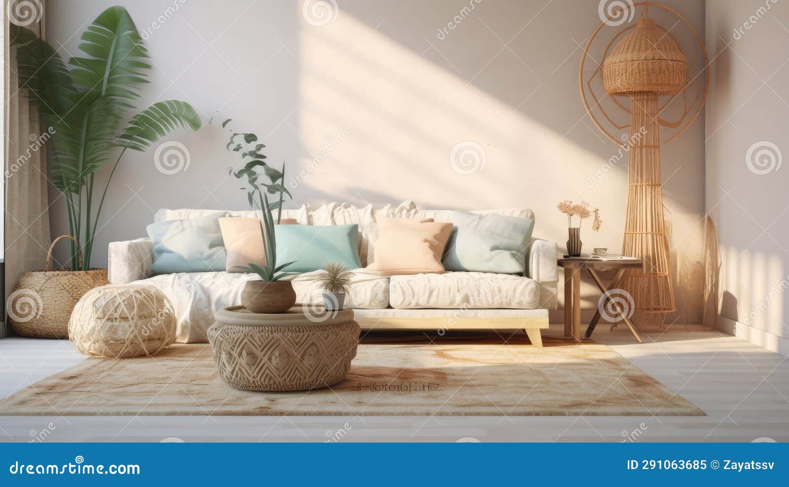 The Stylish Boho Composition at Living Room Interior with Design Beige