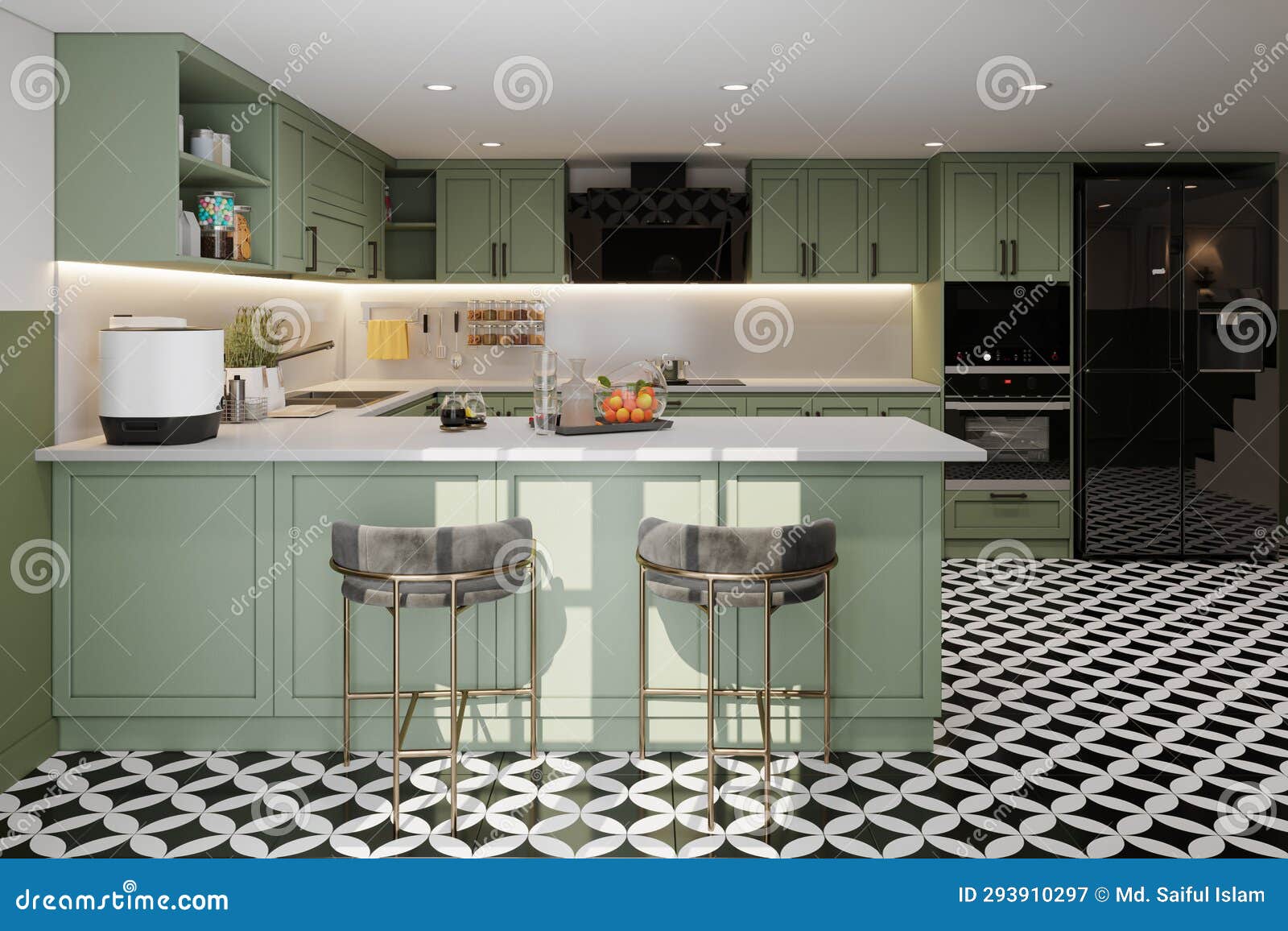 Stylish and Botany Kitchen Island with Technology, and Utensils. 3D