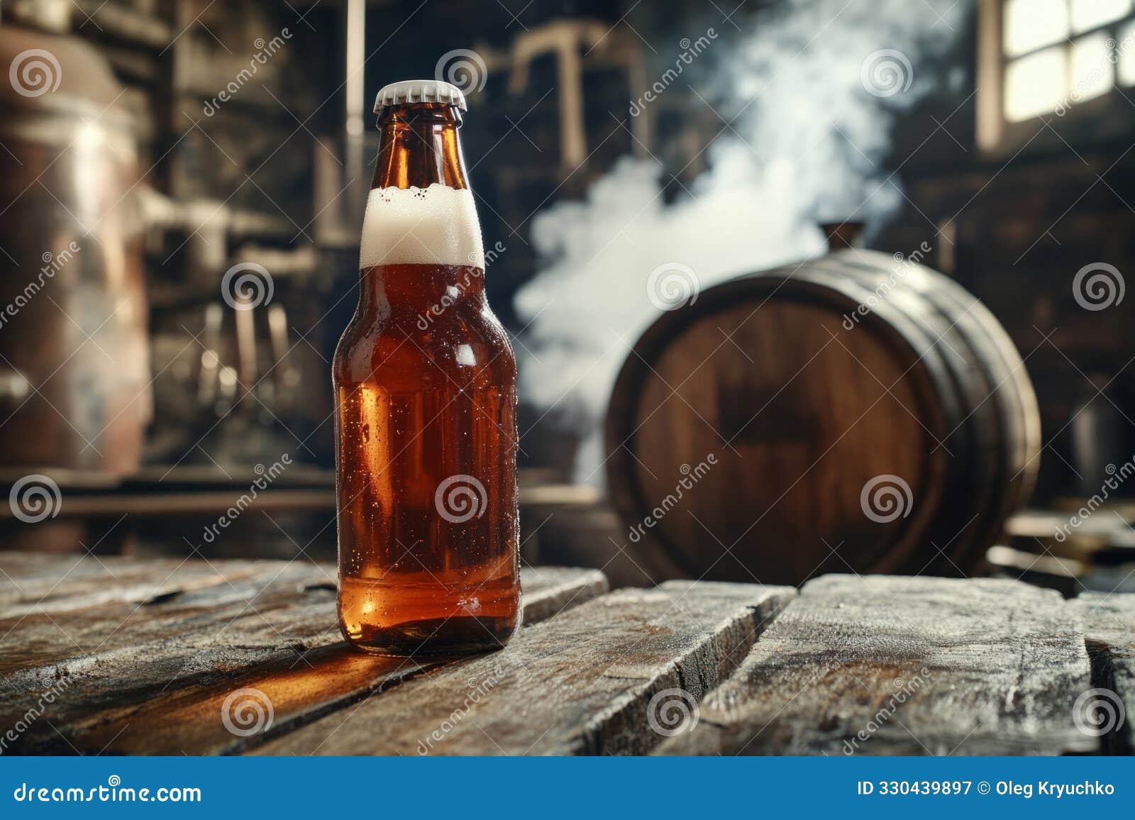 a stylish bottle of beer stands on a rustic wooden table. the warm colors enhance the atmosphere of a cozy brewery