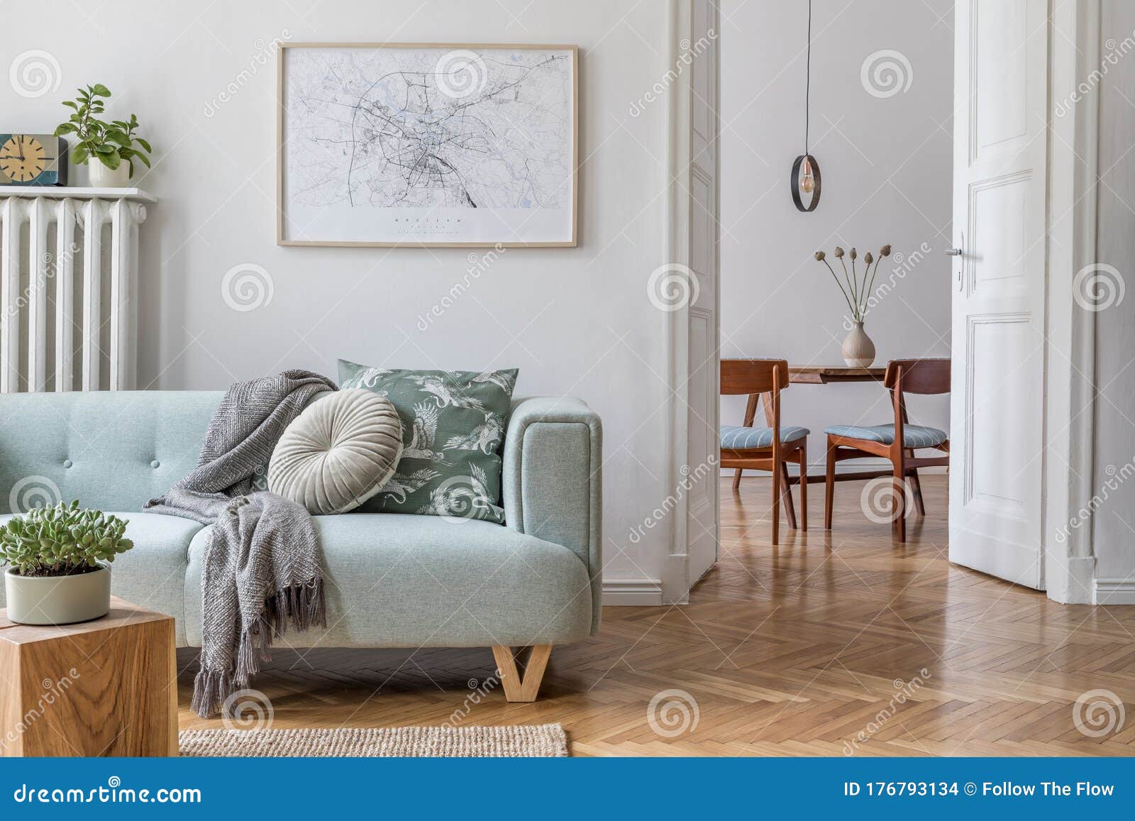 stylish, bright, scandinavian living room and dining room.