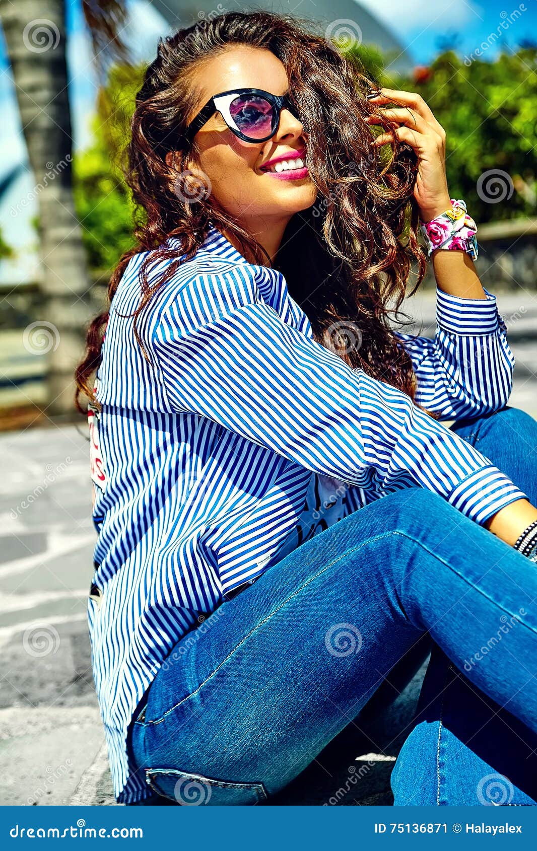 Stylish Brunette Model in Hipster Clothes Outdoors Stock Image - Image ...