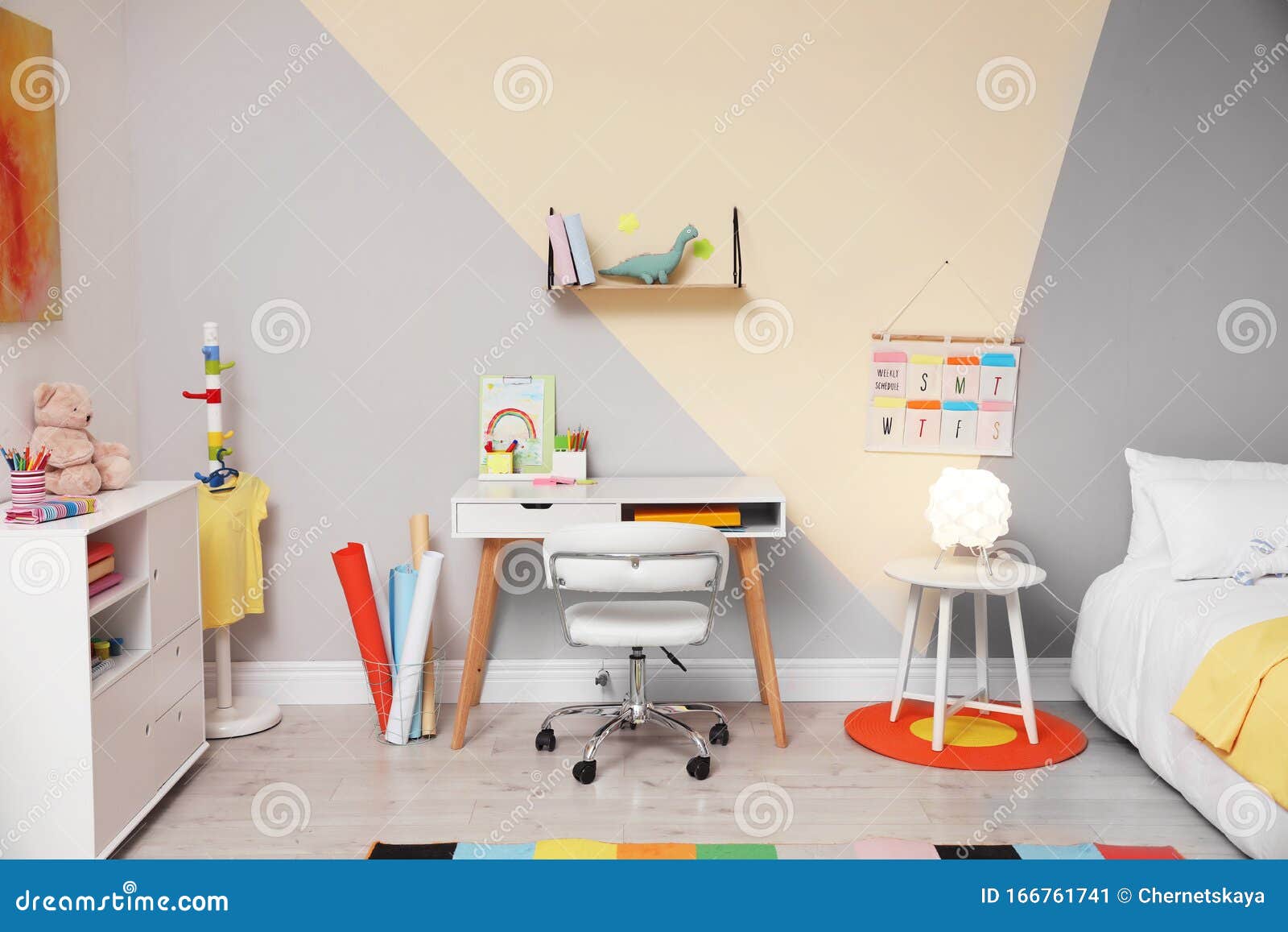 stylish child room interior with bed and desk