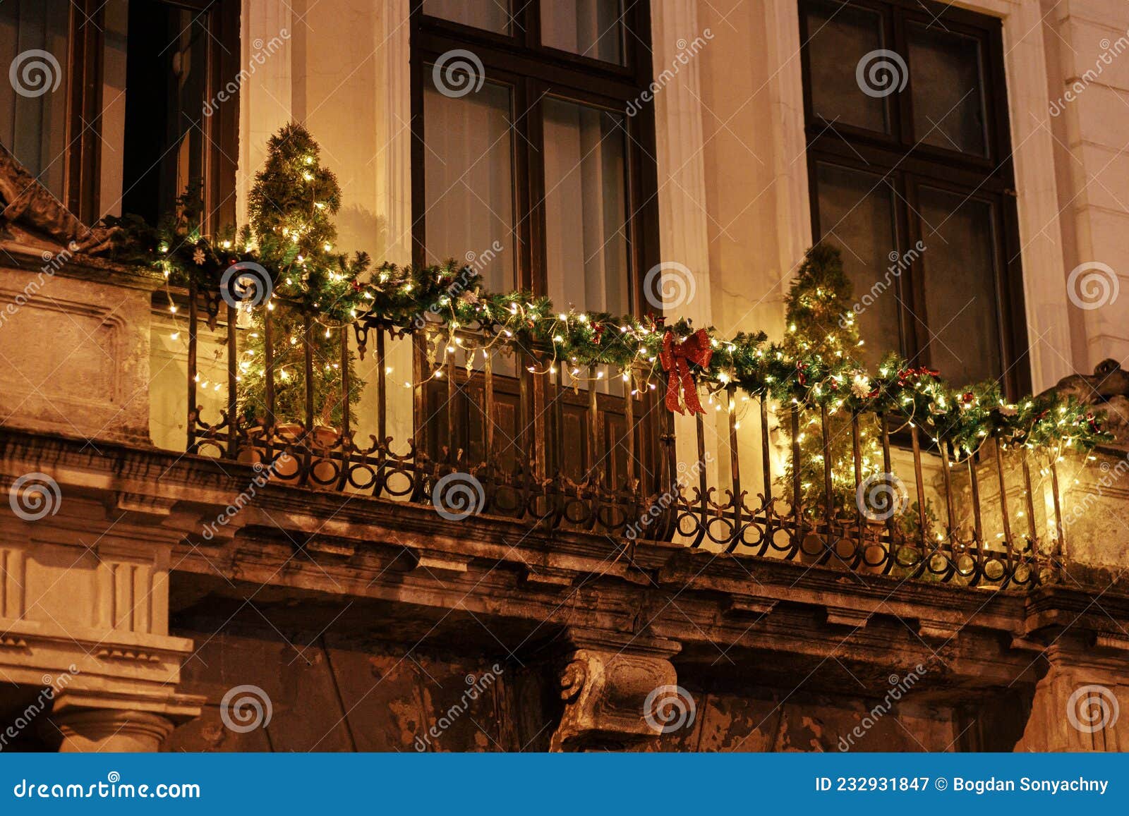 Stylish Christmas Tree, Branches, Ornaments in Lights Illumination ...