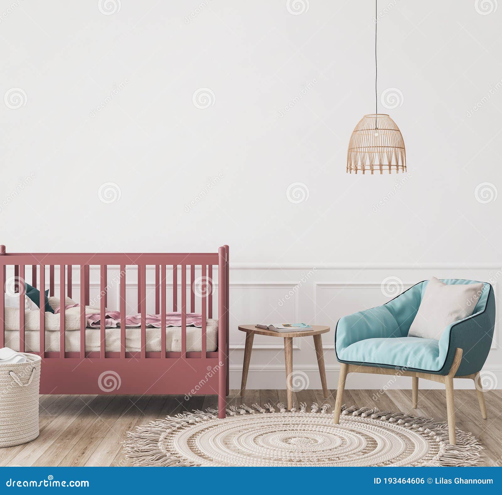 stylish colorful baby room, modern bedroom for newborn baby with crib, scandinavian style