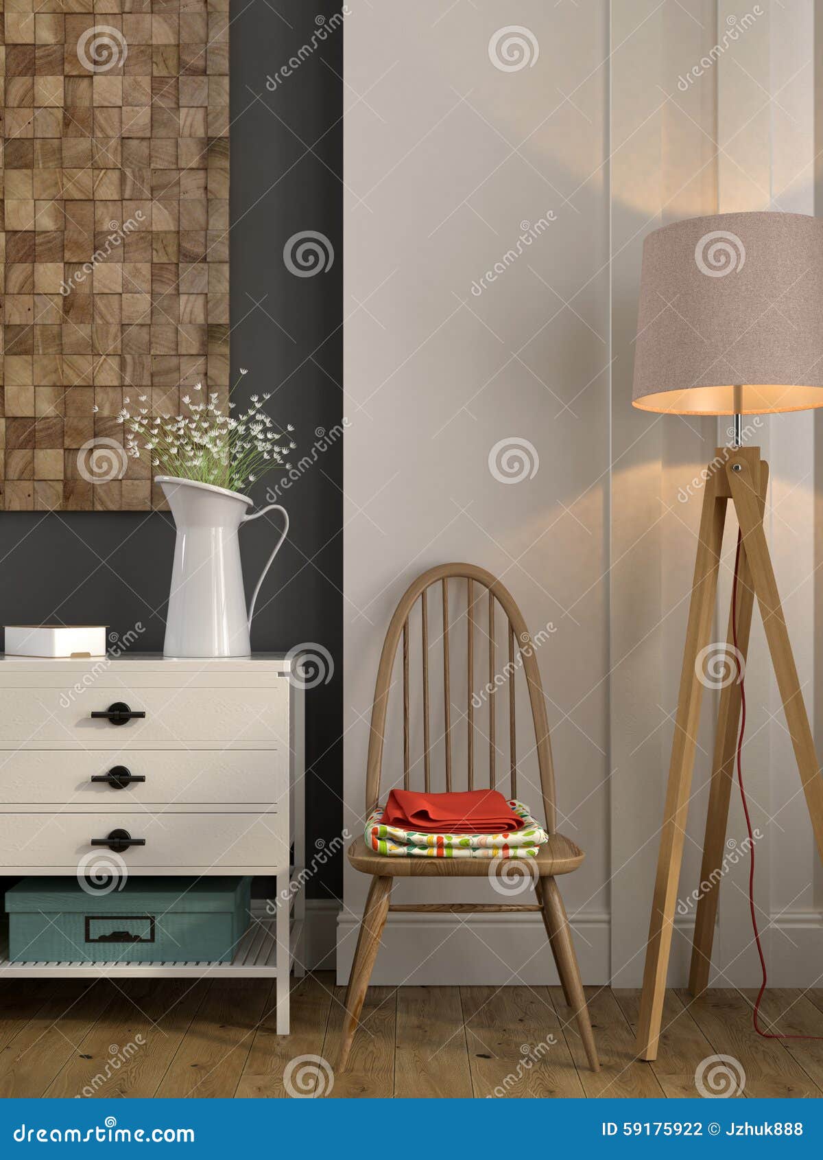 Stylish Composition With A White Chest Of Drawers And A Chair