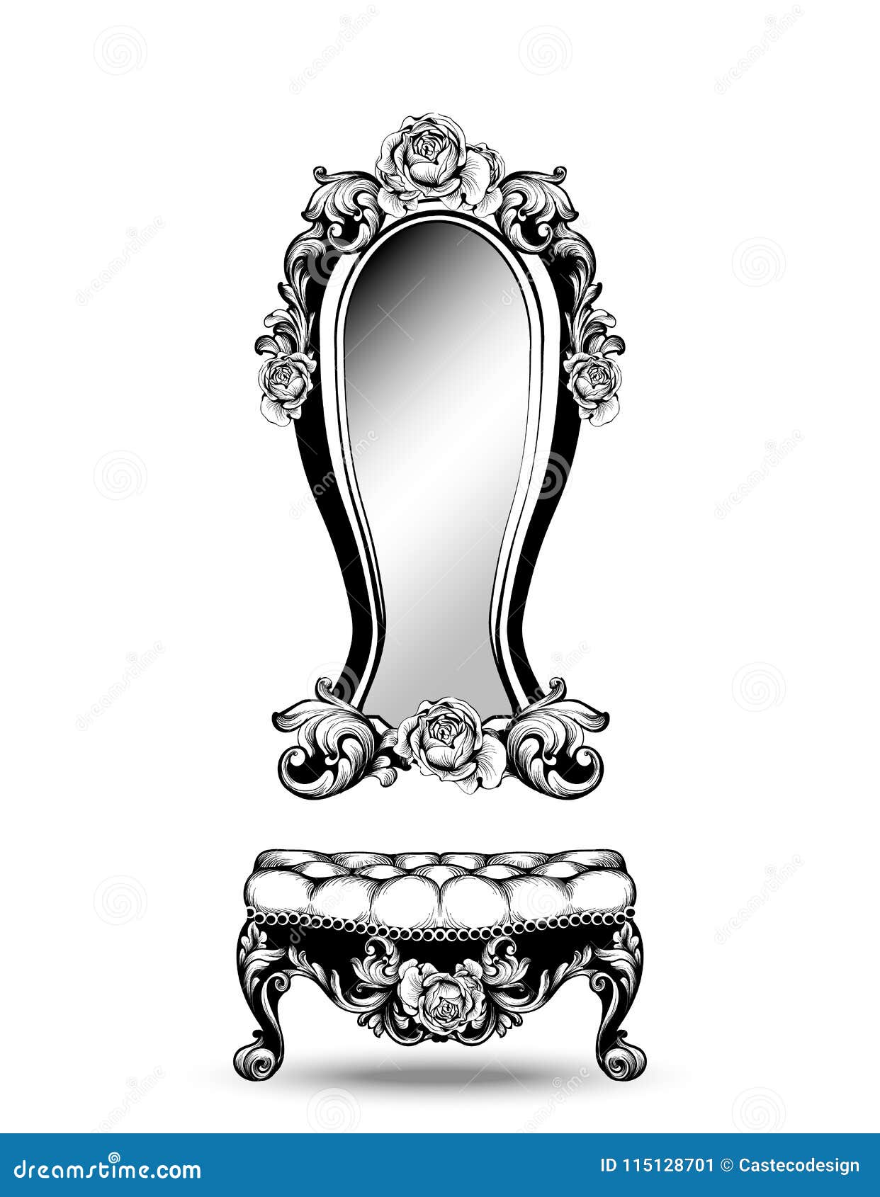 stylish console table and mirror frame with rose flowers decorations . intricate ornaments line art s