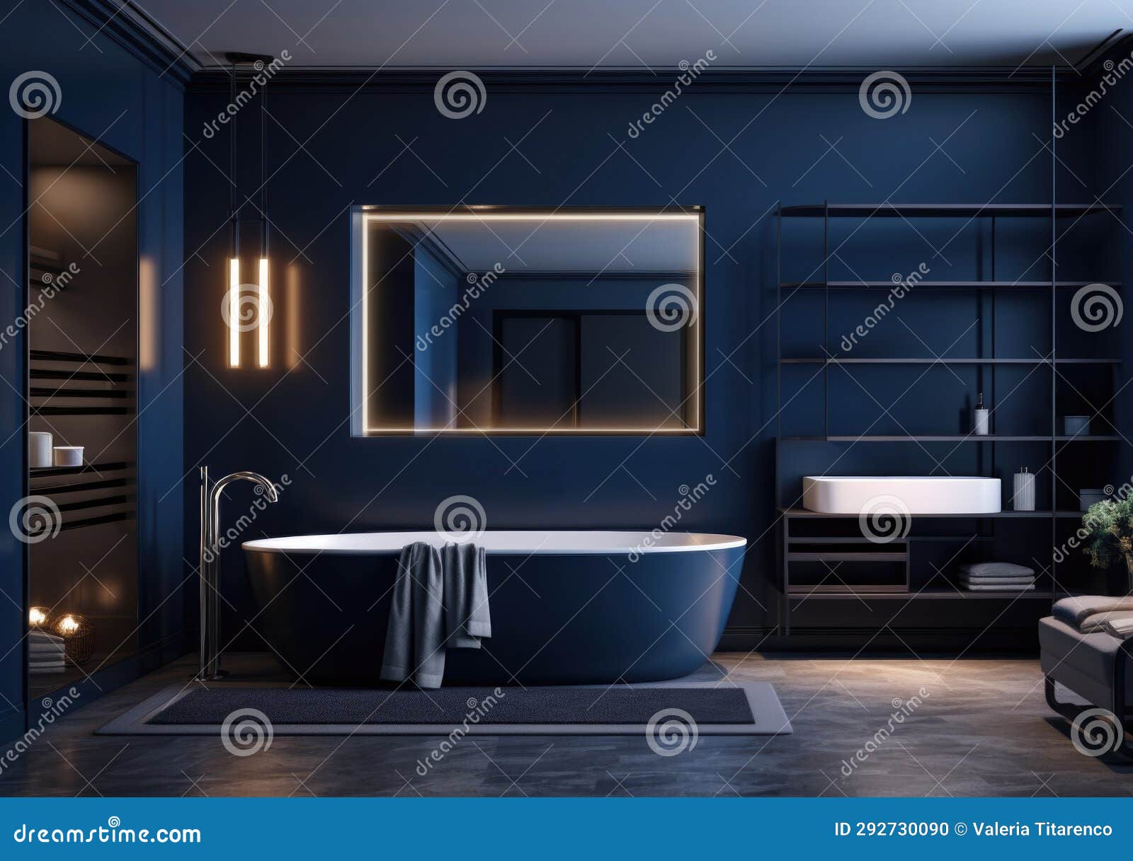 Stylish Dark Blue Bathroom for Luxury Home, Design Project. Lamp Stock