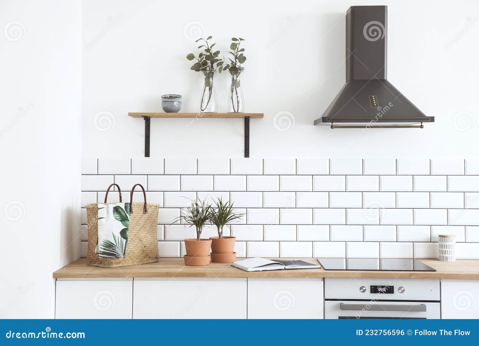الخداع يقطع حرفة  Stylish Details of Creative Kitchen Interior in Scandinavian Apartment with  Basket, Tiny Plants and Other Accessories. Stock Photo - Image of kitchen,  shelf: 232756596