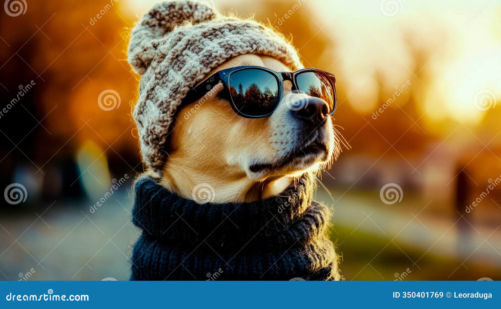 stylish dog wearing a cozy knitted hat and trendy sunglasses, playful and cheerful expression