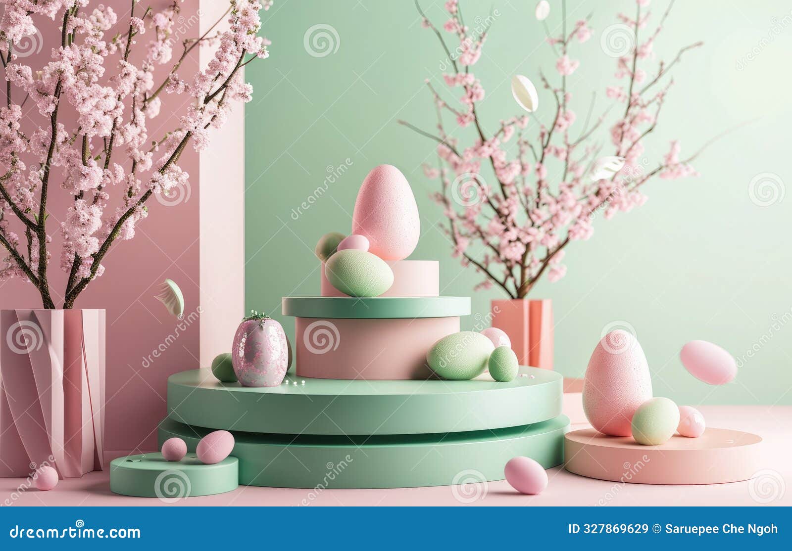 pastel easter display with cherry blossoms