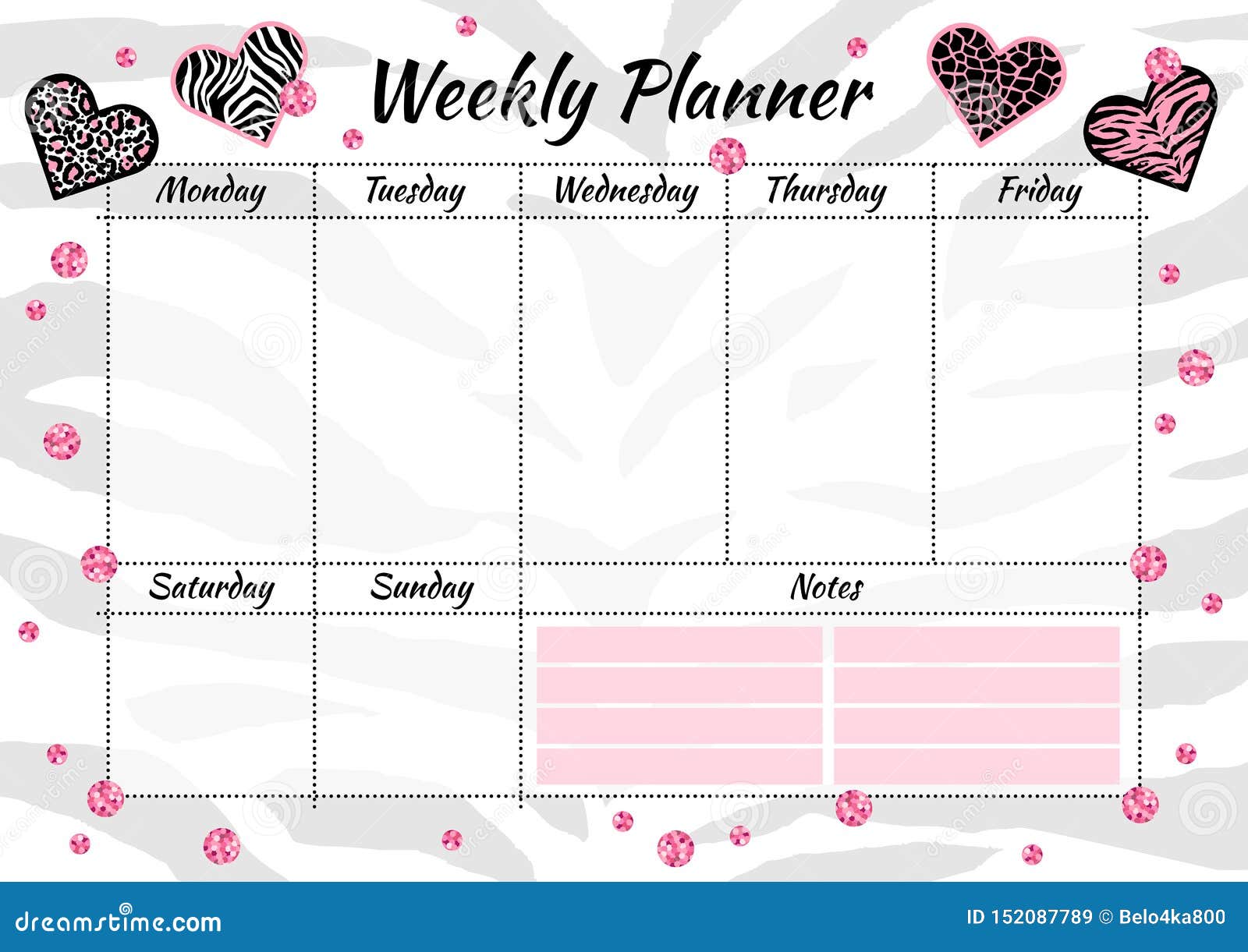 creative weekly planner with heart animal texture and pink glitter sparkles.