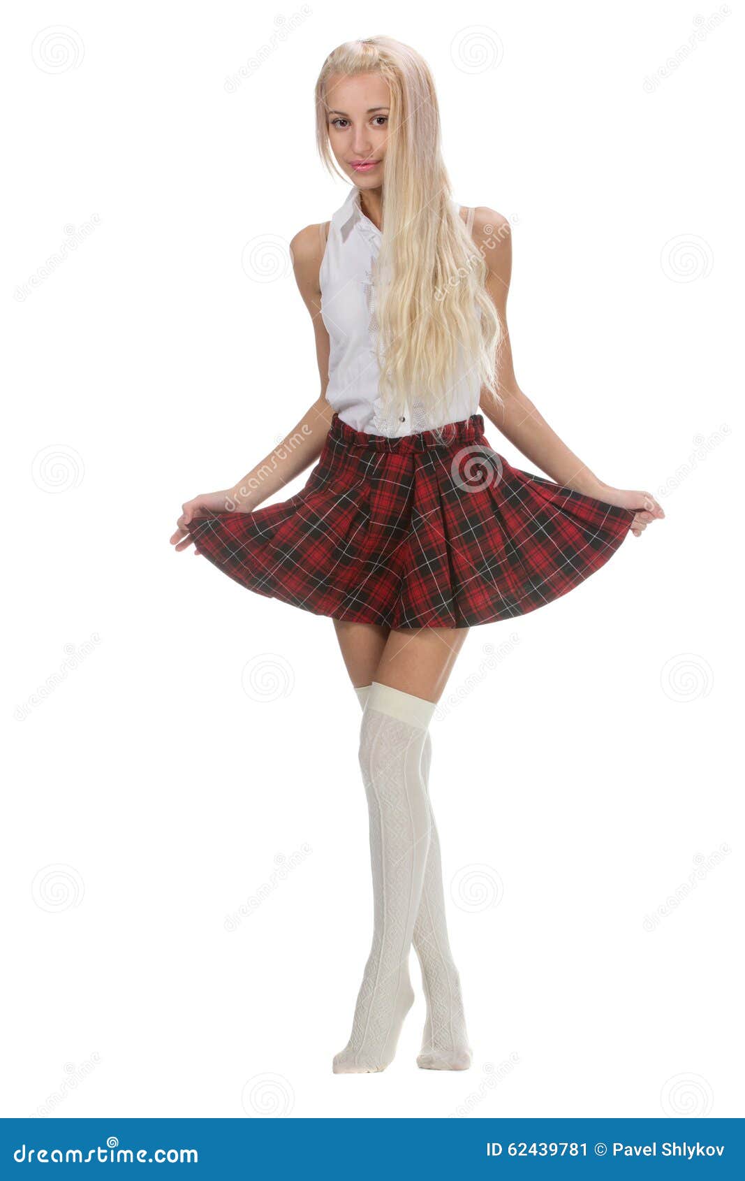 Stylish Fashionable Blonde Woman In White Shirt And Plaid