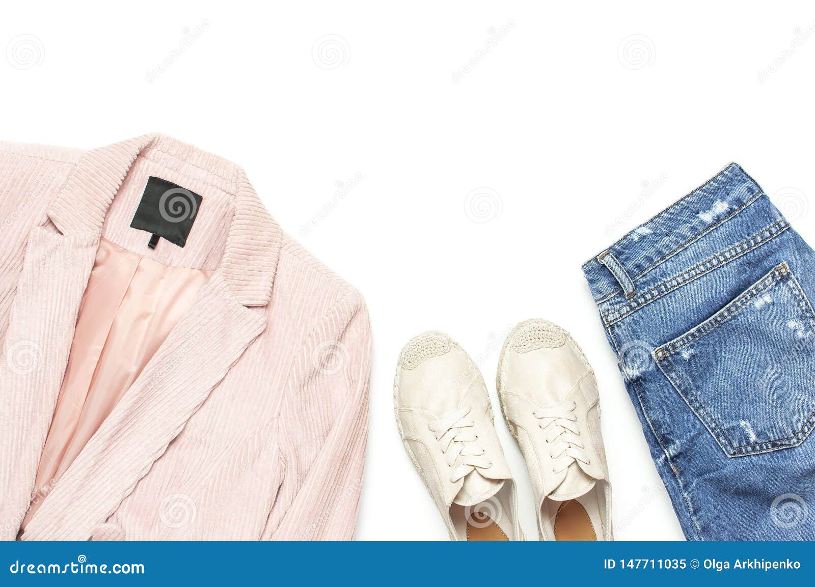 Stylish Feminine Spring Clothing White Shirt, Blue Jeans, Pink Corduroy ...
