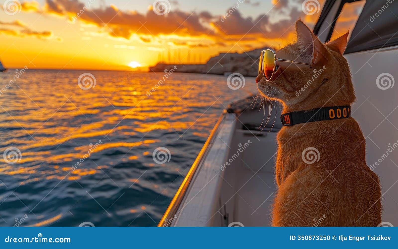 stylish ginger cat wearing sunglasses enjoys sunset view from a boat, ocean adventure