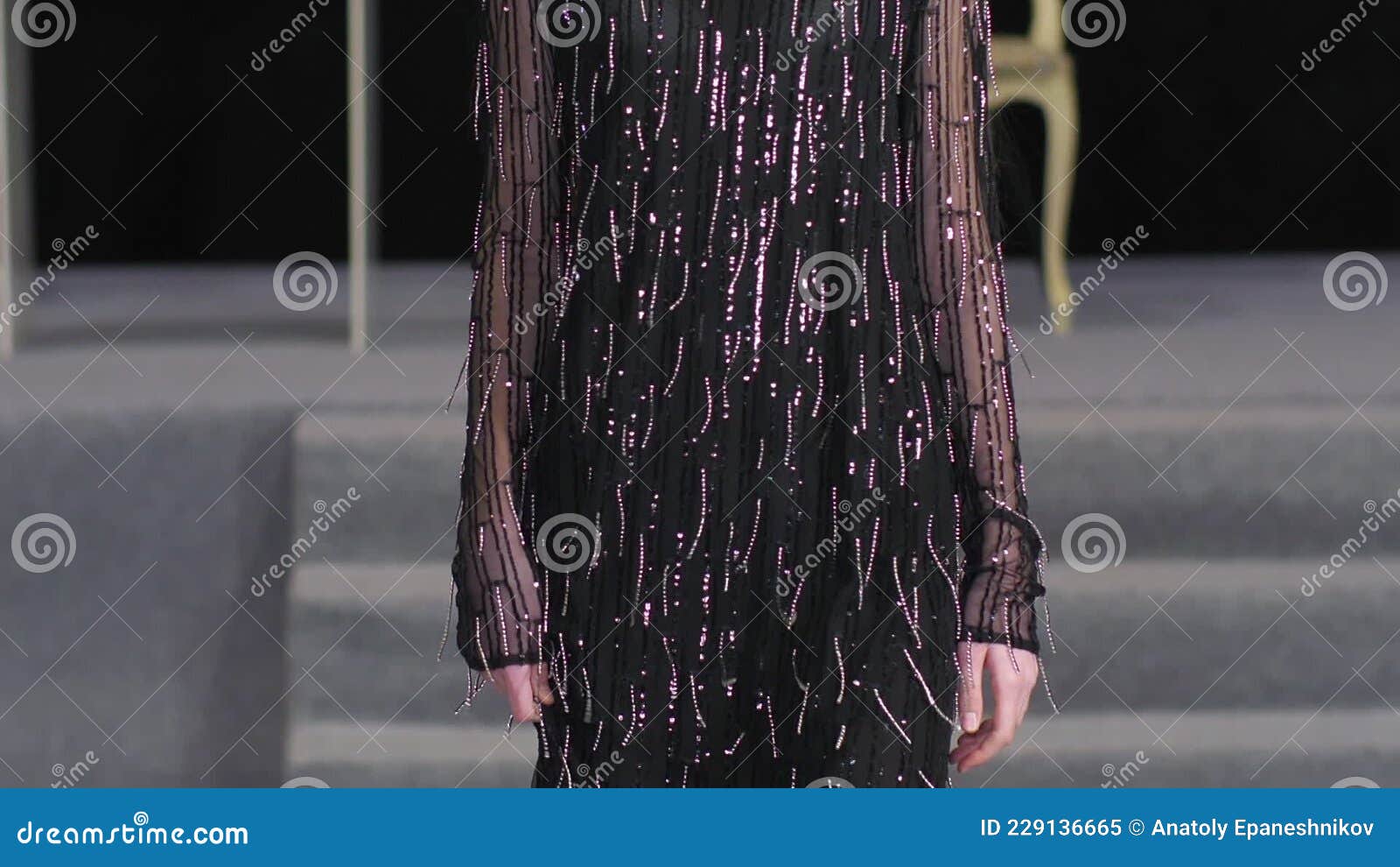 Brunette Female Model Walk on Podium. Girl in Black Dress with Fringe ...