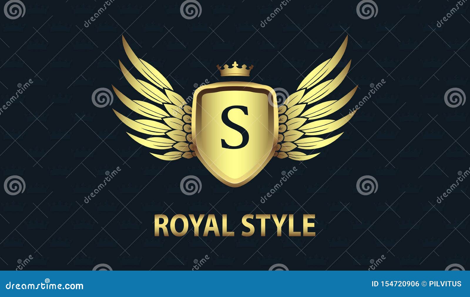 Stylish Gold Shield with Wings, Crown and Initial Letter S ...