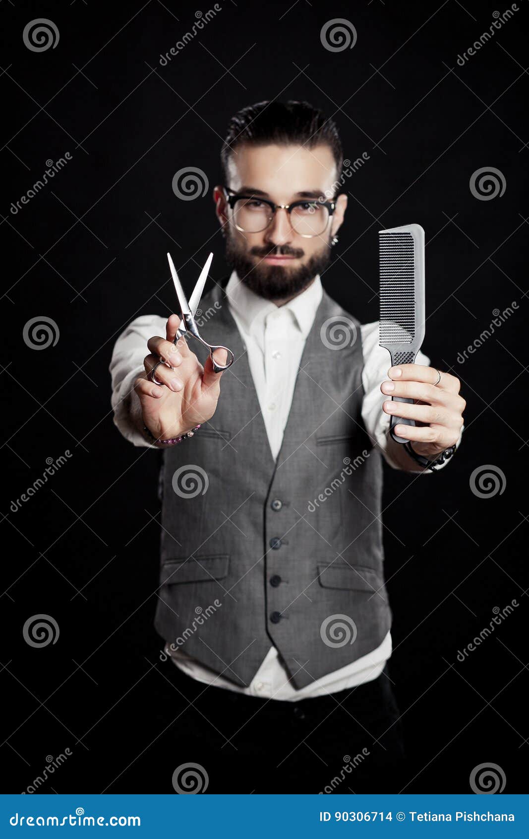 Stylish Hairdressers in the Studio with Scissors and Comb Stock Photo Image of clothing