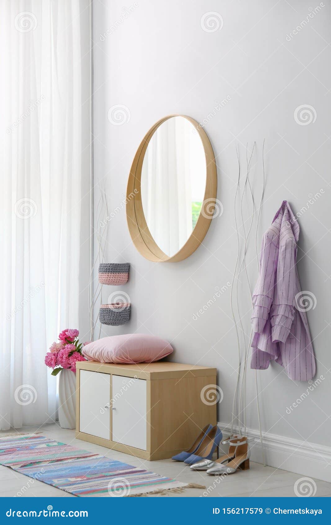 Stylish Hallway Interior with Round Mirror on White Stock Image Image