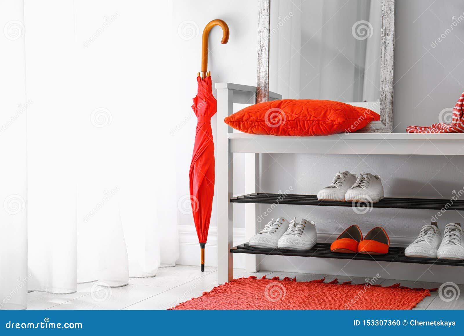 stylish hallway interior with shoe rack and rug