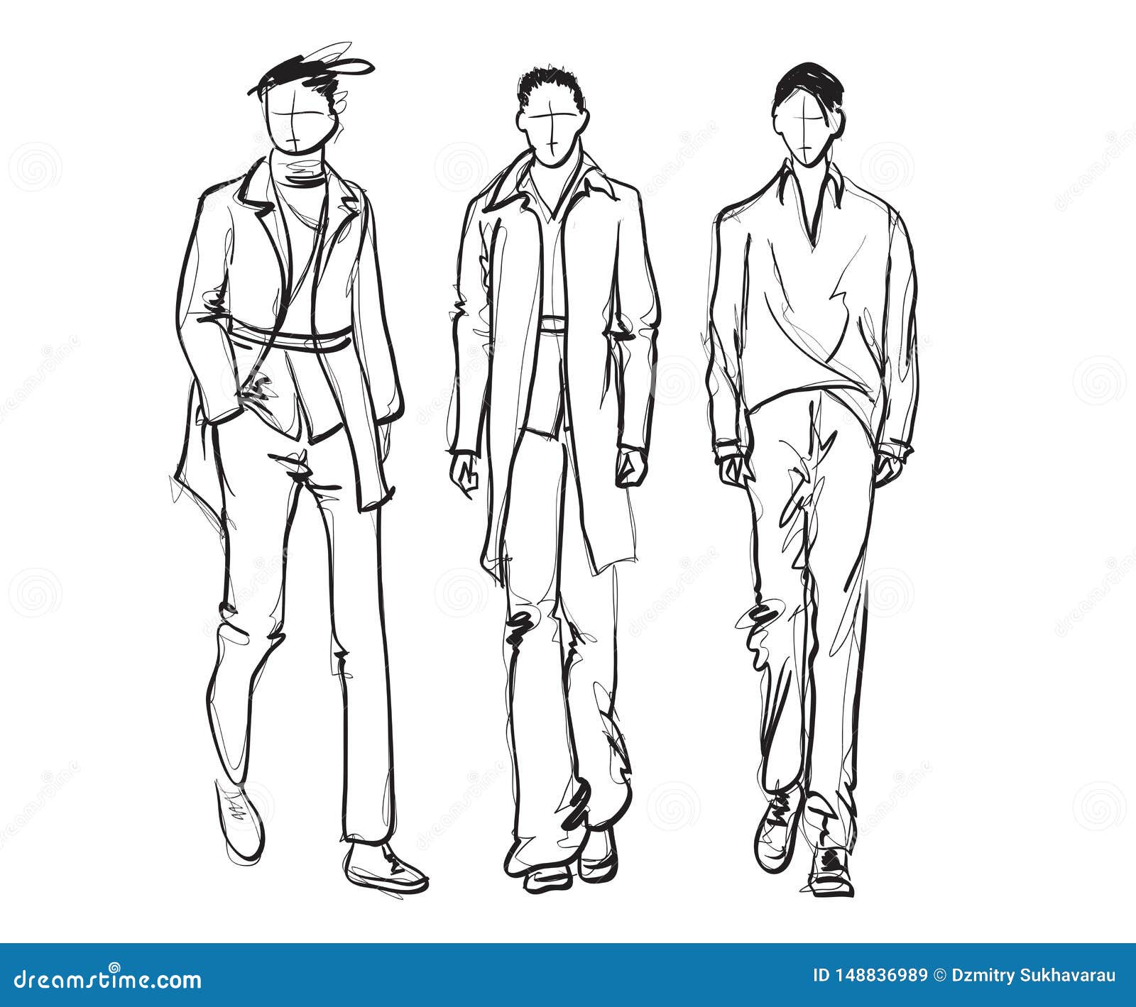 Stylish Handsome Mans in Fashion Clothes. Hand Drawn Beautiful Young ...