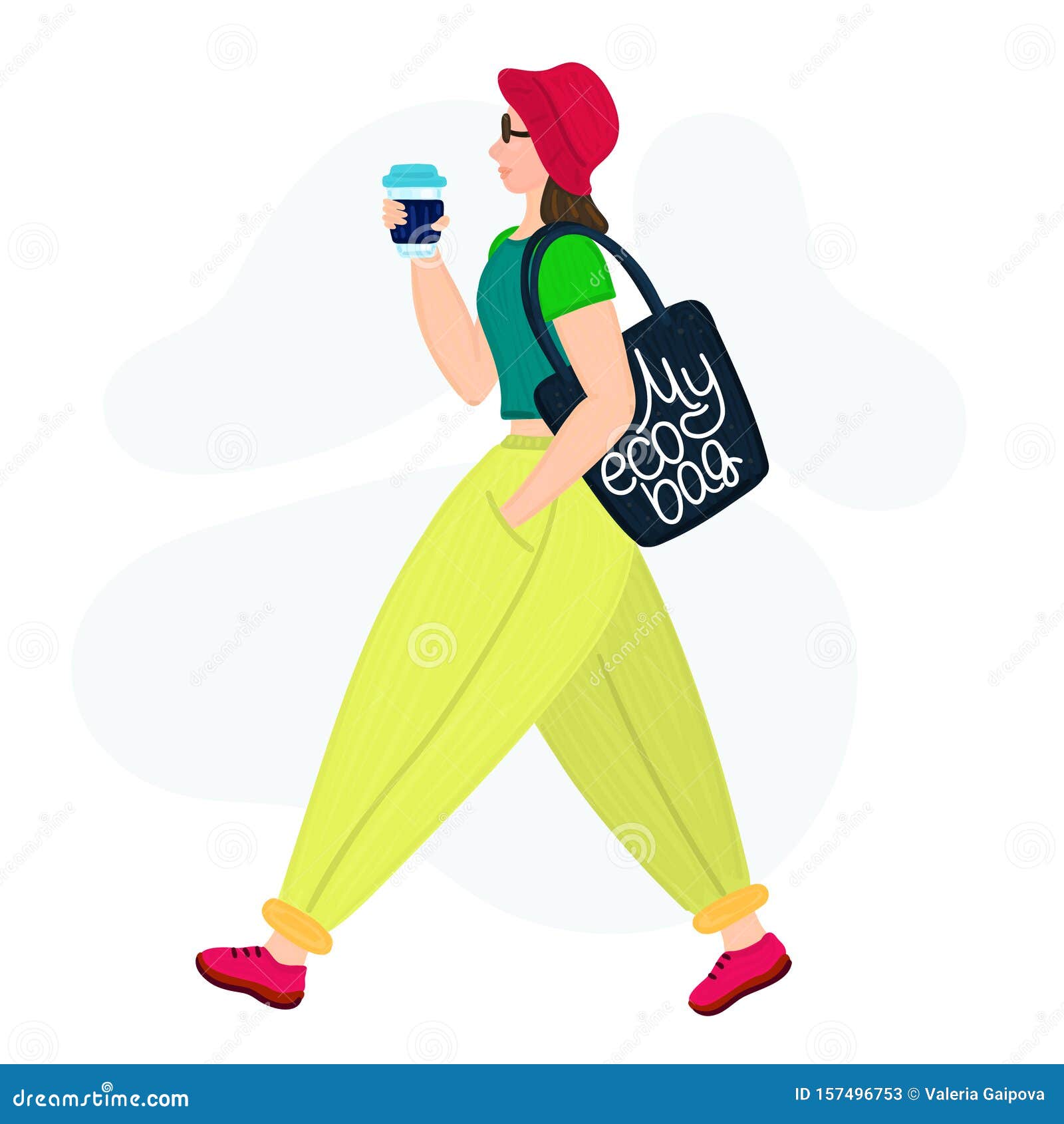 Stylish Hipster Girl with Eco Bag and Reusable Glass Cup. Woman Sideways.  Zero Waste Lifestyle Stock Vector - Illustration of plastic, lady: 157496753