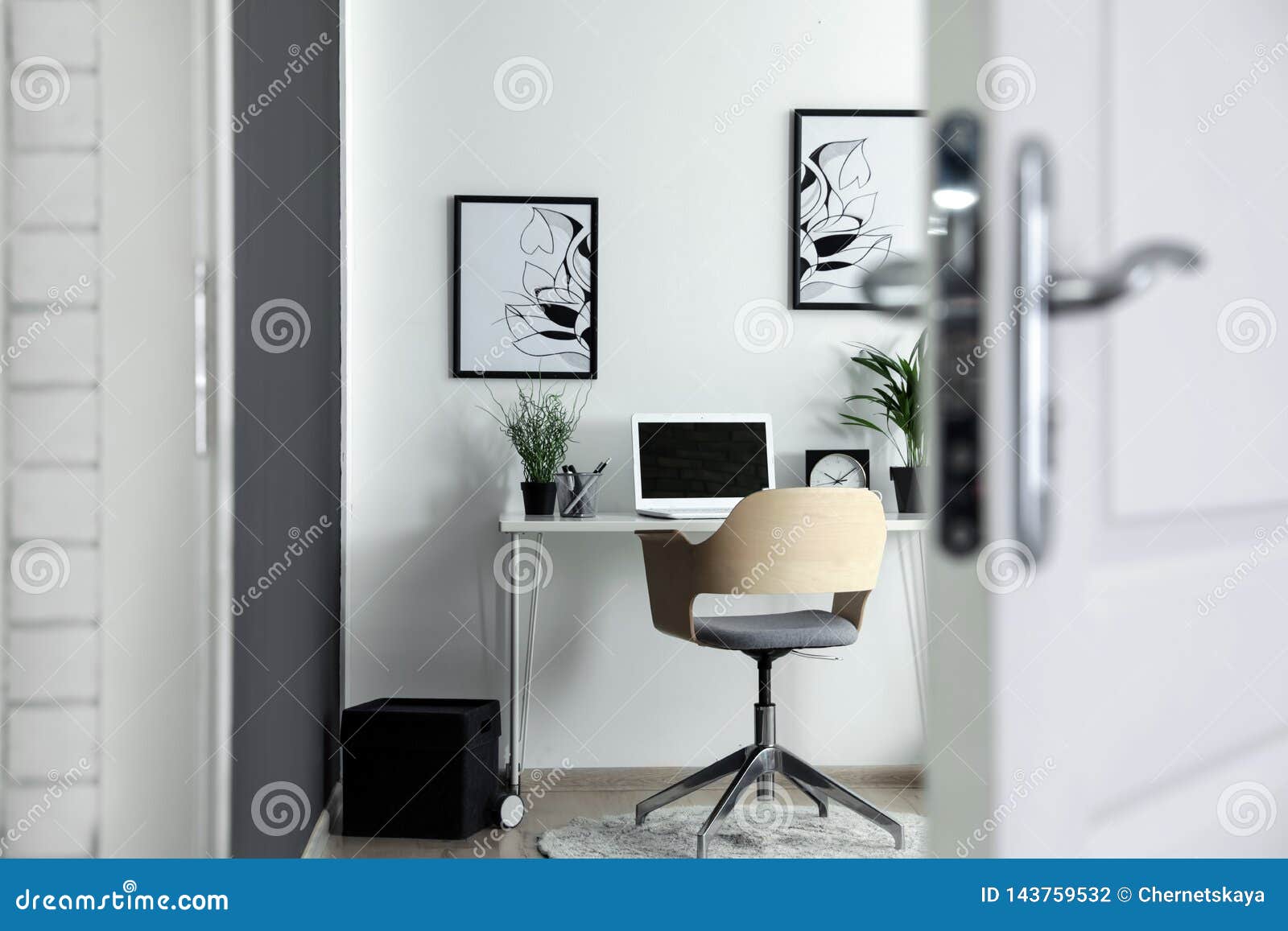 Home Office Interior, View through Open Door Stock Photo Image of