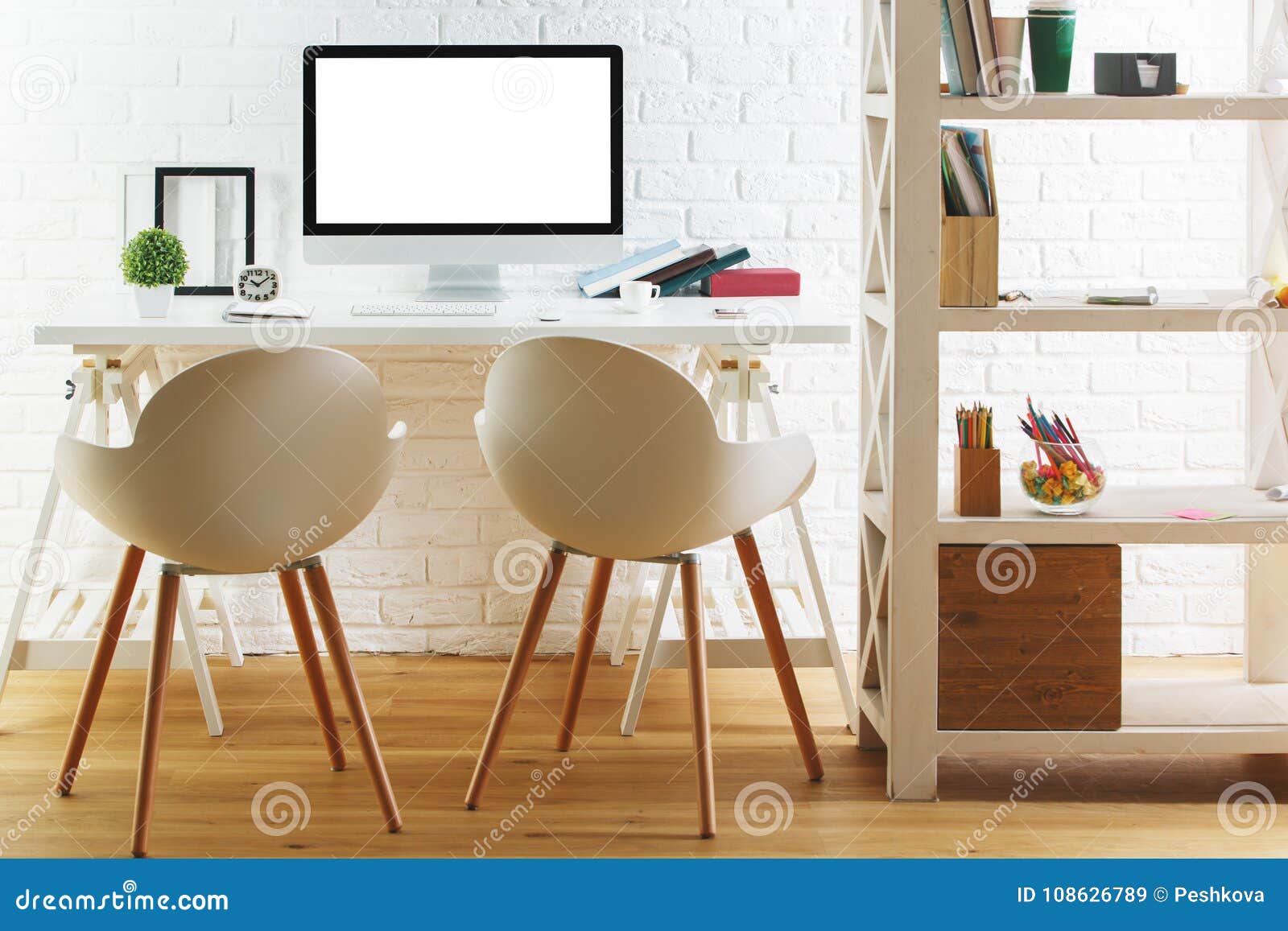 Stylish Interior with Blank White Computer Stock Image - Image of front ...