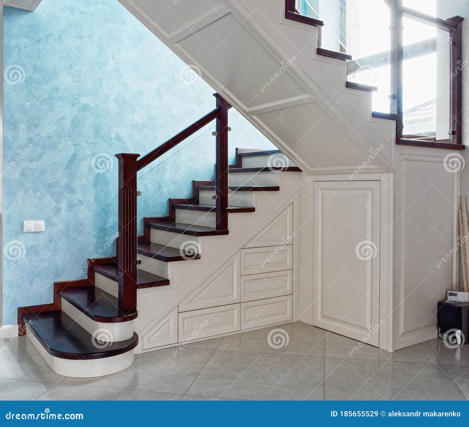 Stylish Interior Design Of A Private House Room Wooden Staircase To The Second  Floor Stock Image - Image Of Background, Attic: 185655529