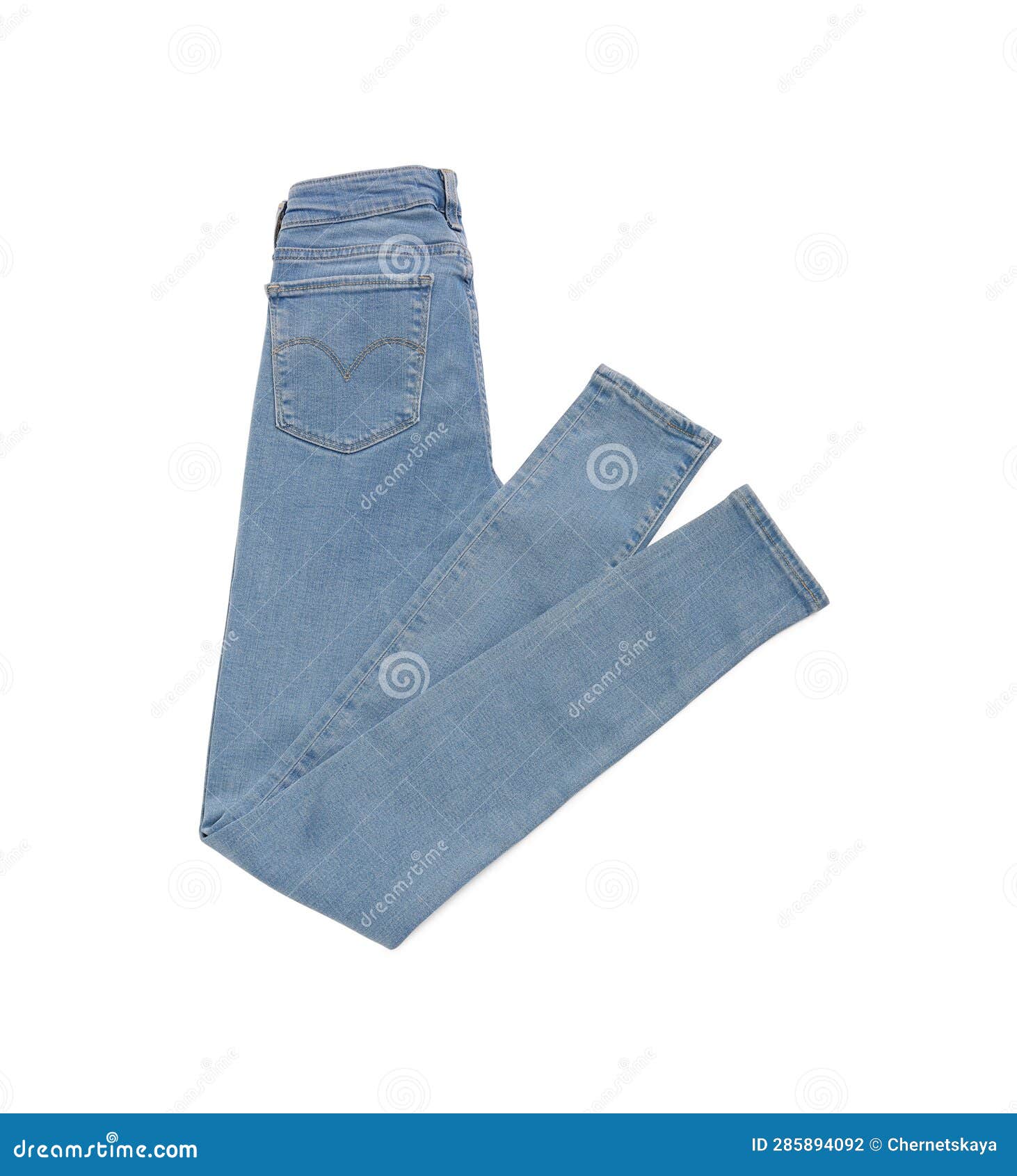 Stylish Light Blue Jeans Isolated on White, Top View Stock Photo