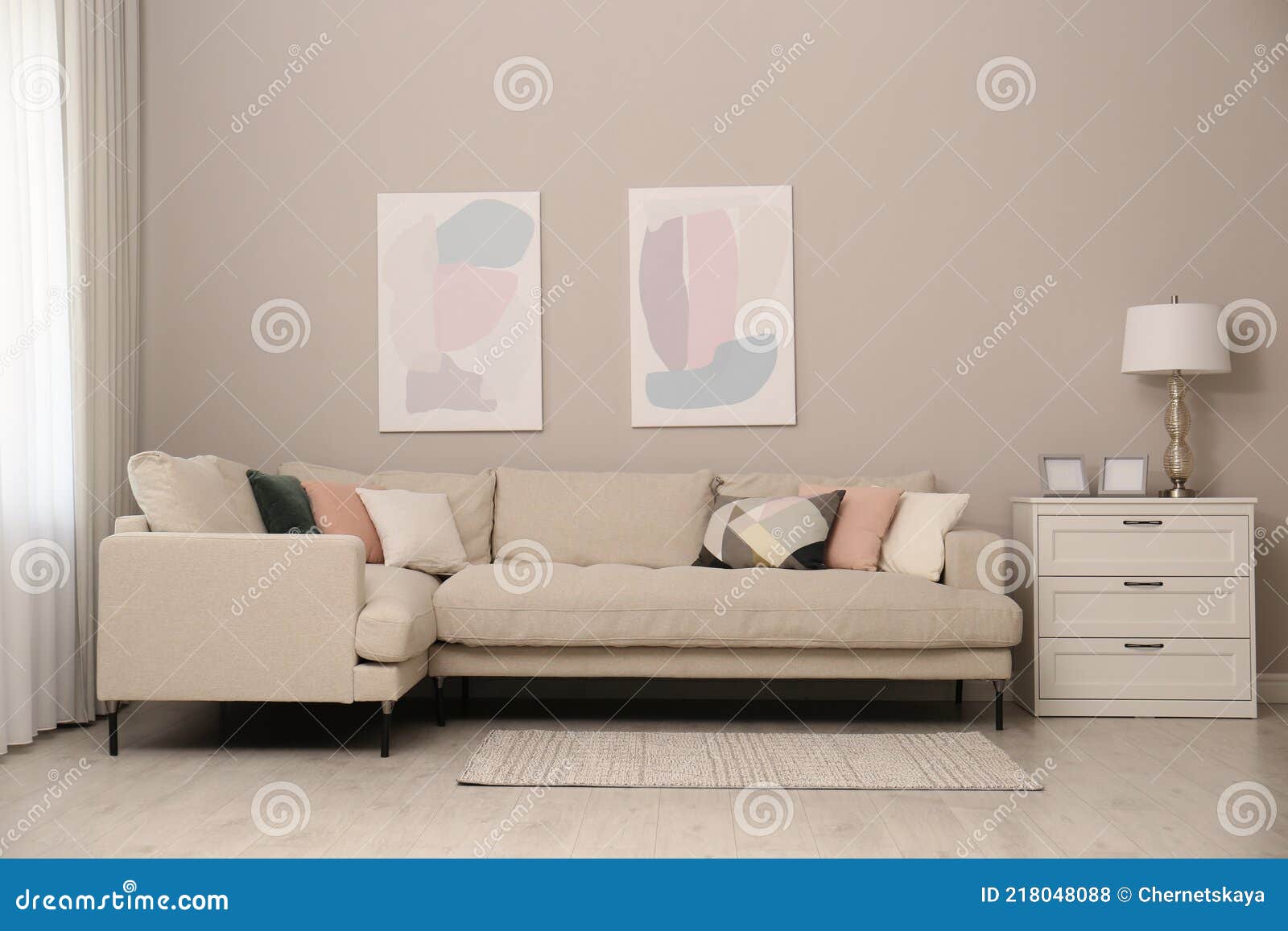 Stylish Living Room Interior with Modern Comfortable Sofa and Pictures