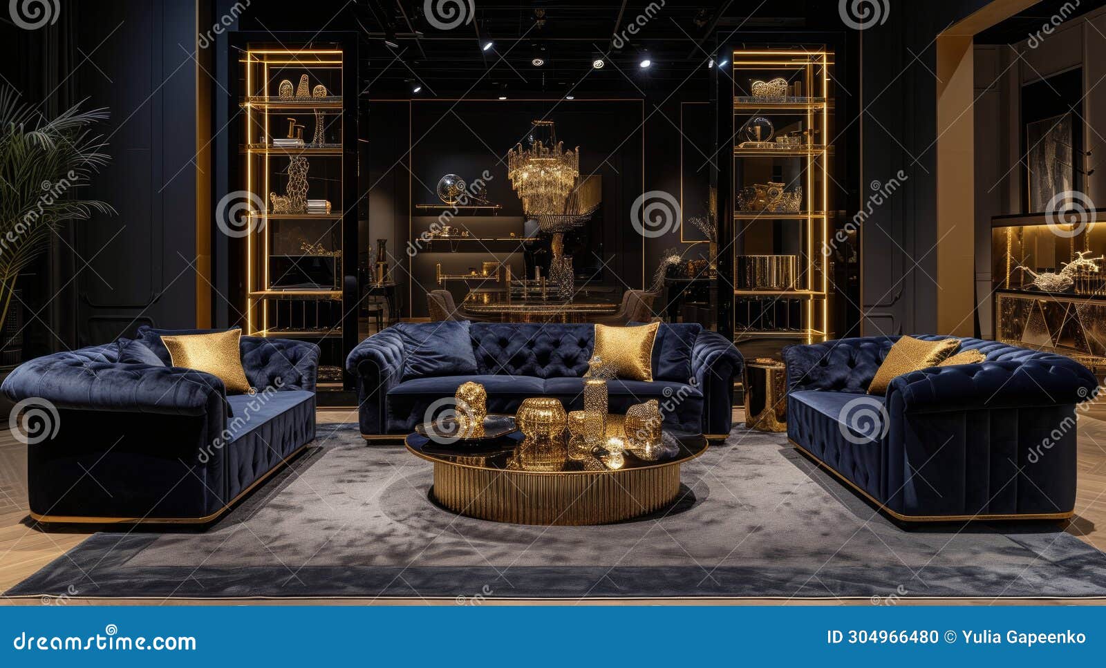 A Stylish Living Room Set with a Black and Gold Theme Stock Photo