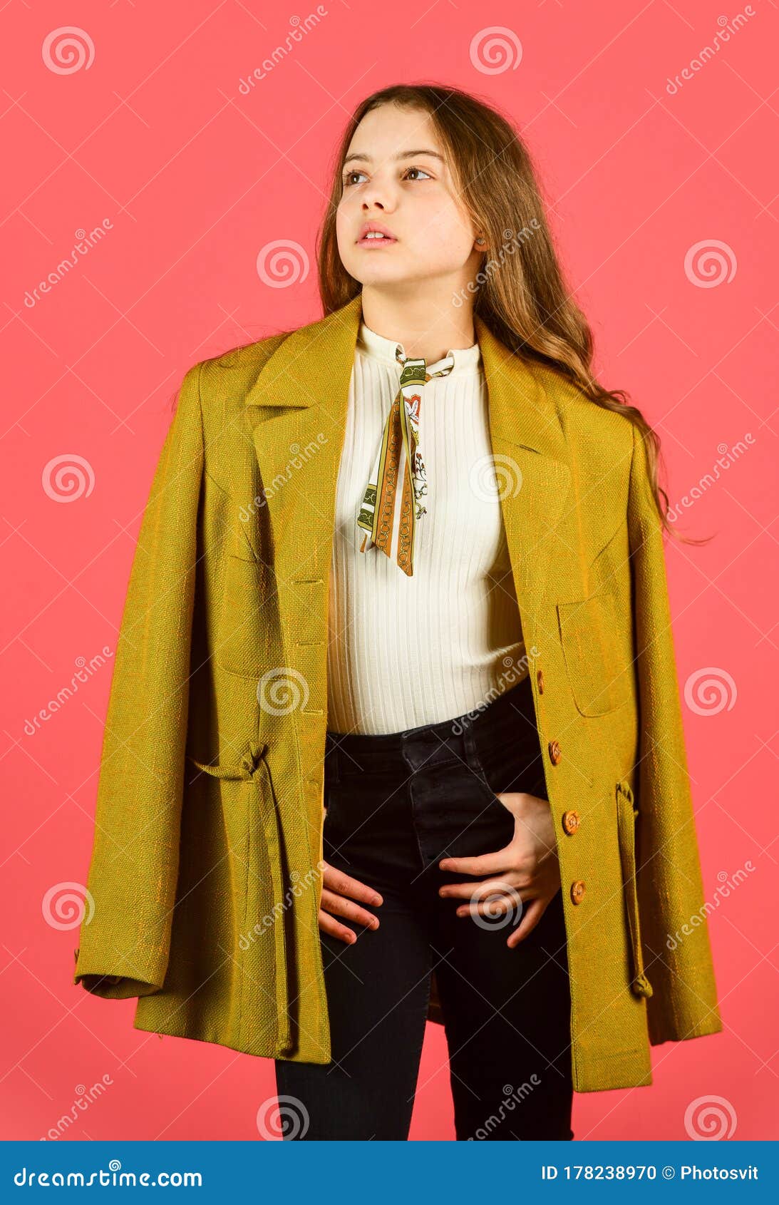 Stylish Looking Girl. Small Girl Wear Autumn Jacket. Retro Fashion ...