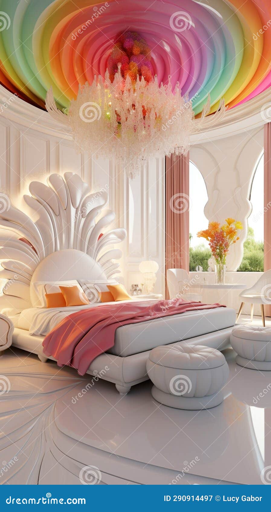 Stylish Luxury Bedroom in Rainbow Colors Stock Illustration